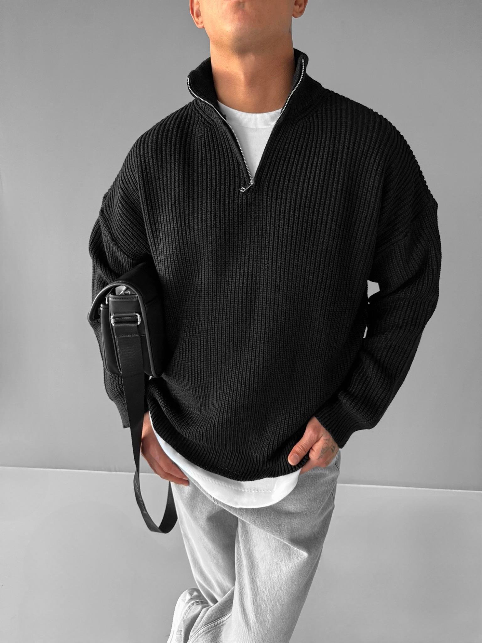 Erkek Oversize Yarım Fermuarlı Kazak Siyah