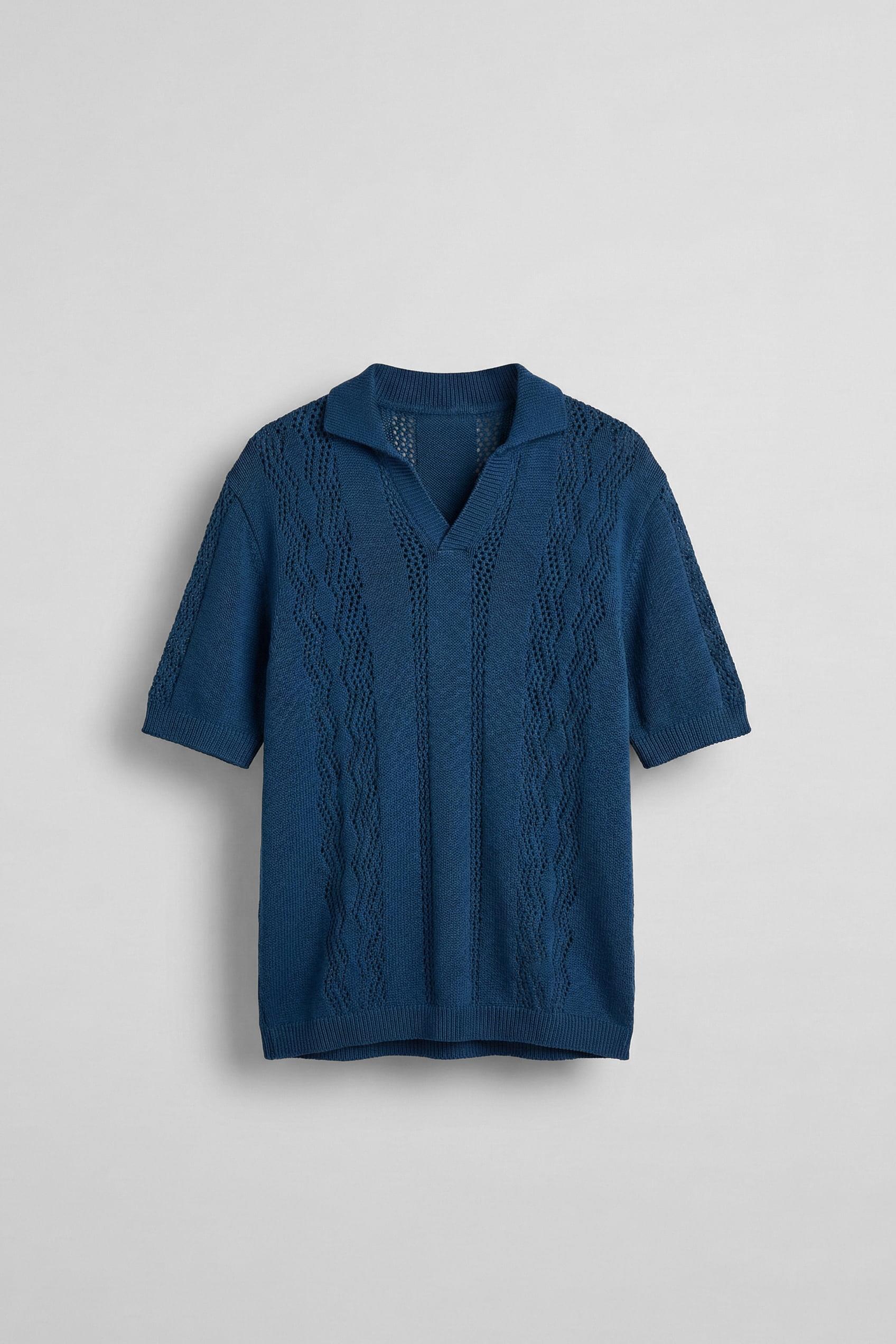 Erkek Oversize Yarım Pat Gömlek Yaka Desenli Örme T-Shirt Saks Mavi