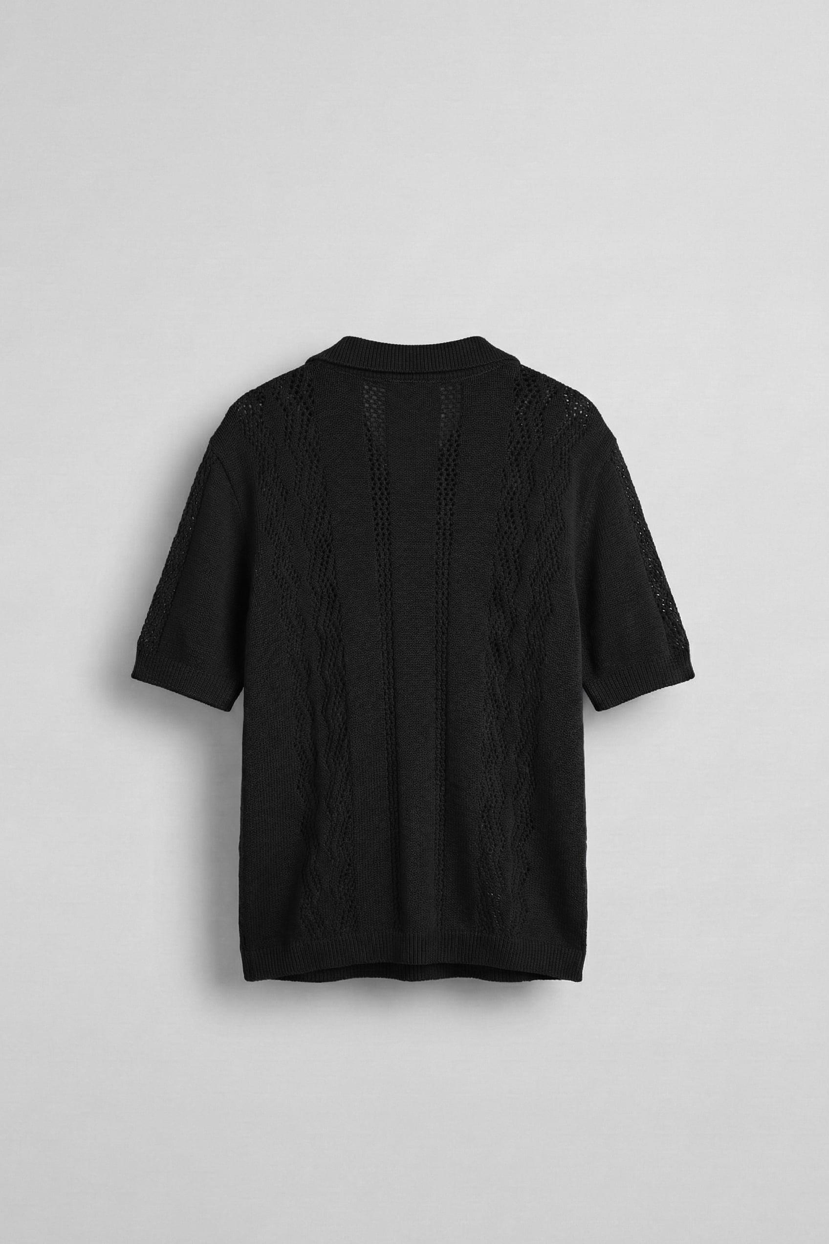 Erkek Oversize Yarım Pat Gömlek Yaka Desenli Örme T-Shirt Siyah