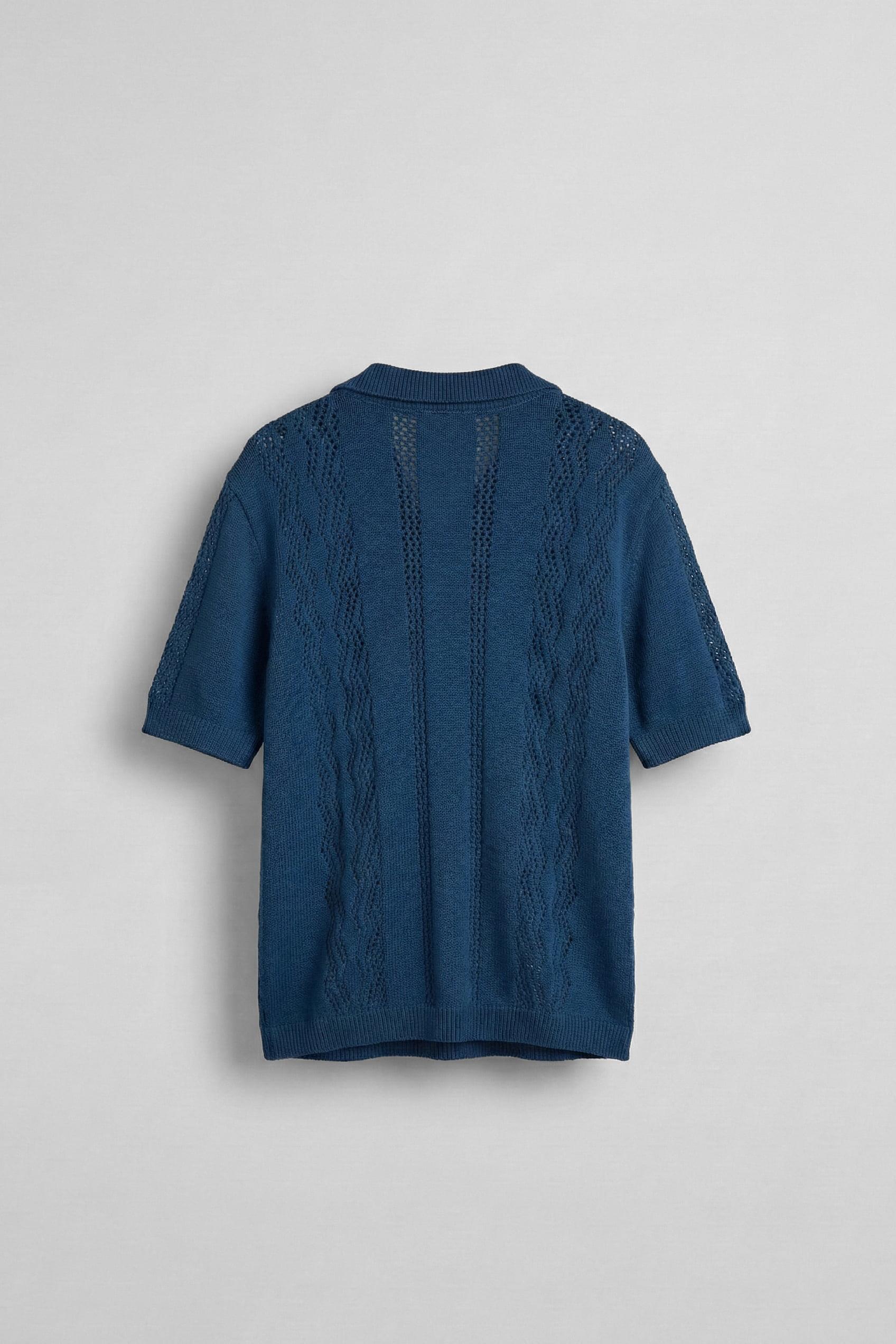 Erkek Oversize Yarım Pat Gömlek Yaka Desenli Örme T-Shirt Saks Mavi