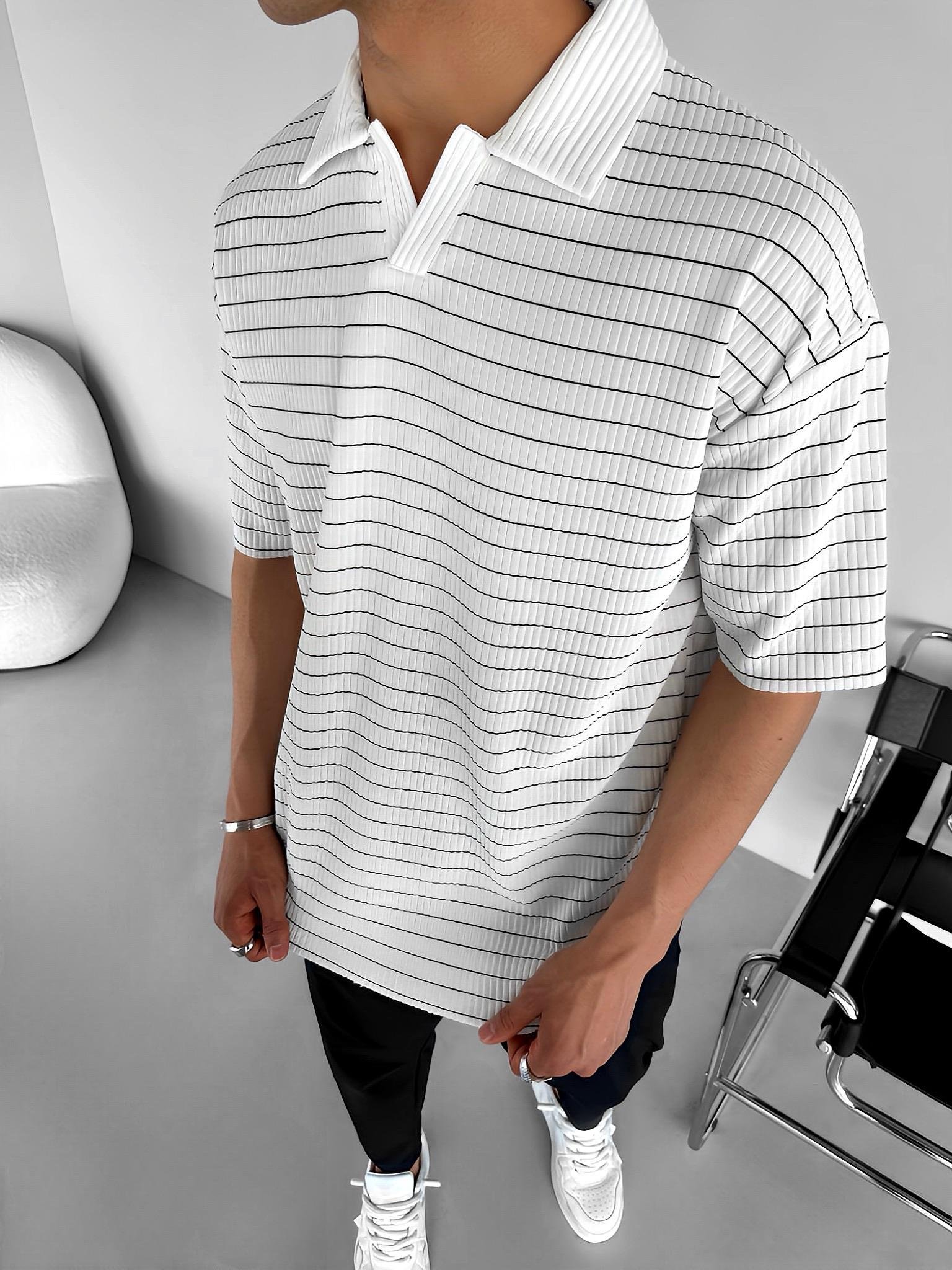 Erkek Oversize Yarım Pat Polo Yaka Çizgili T-Shirt Beyaz