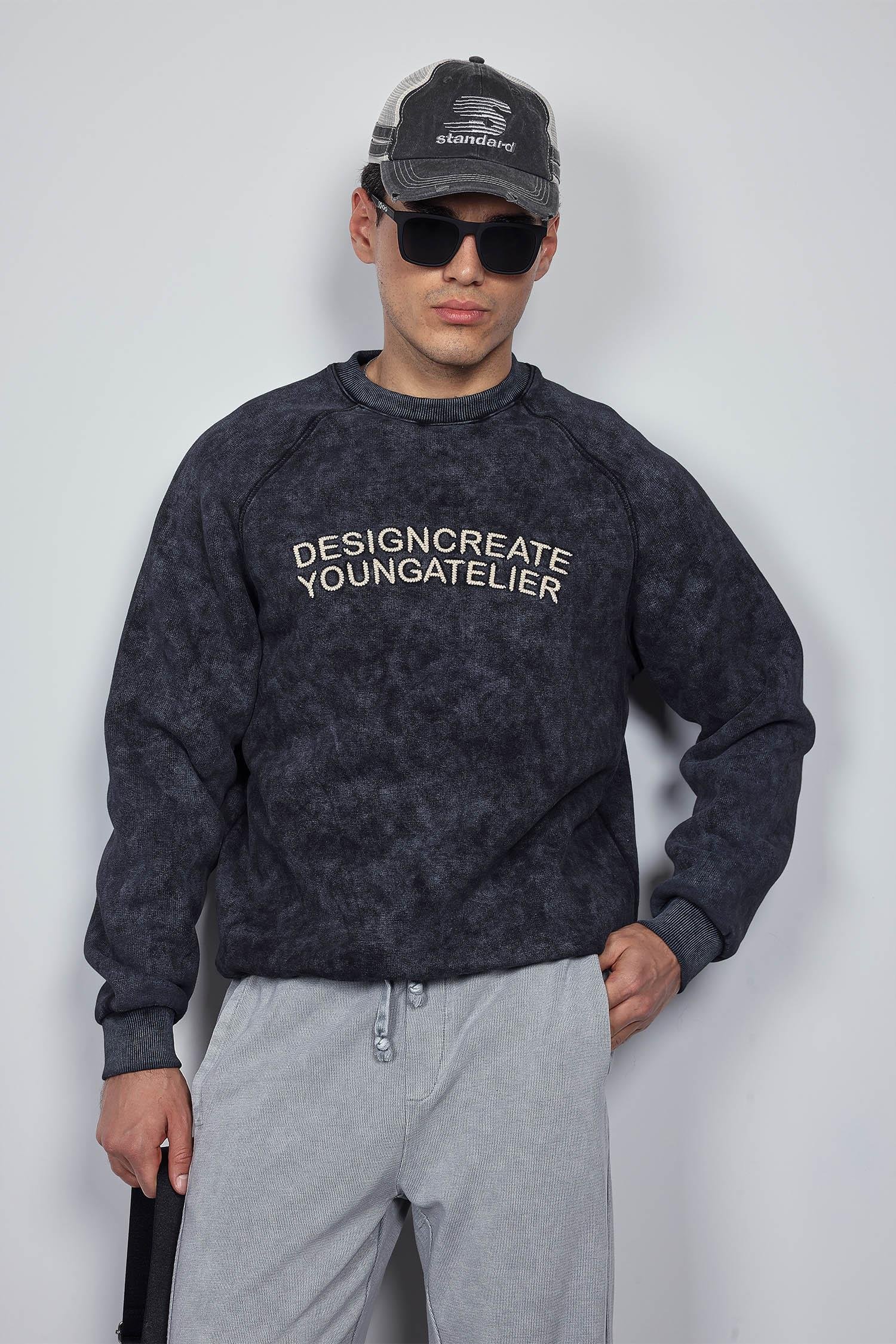 Erkek Oversize Yazı Baskılı Sweatshirt Siyah