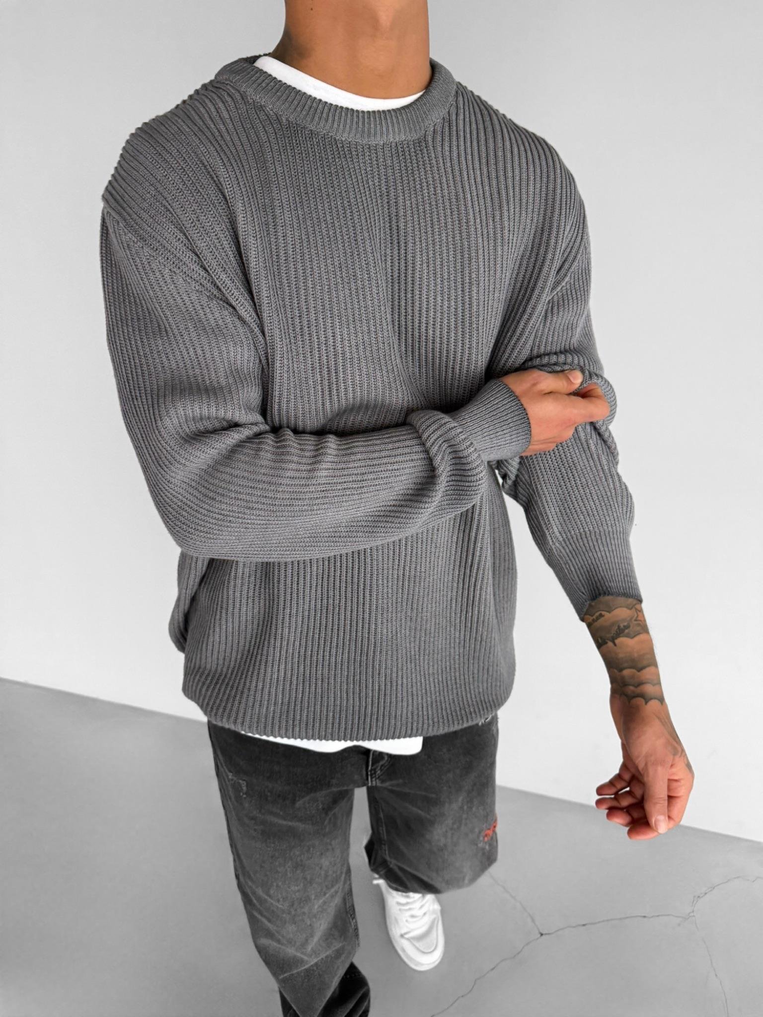 Erkek Oversize Yıkamalı Basic Kazak Gri