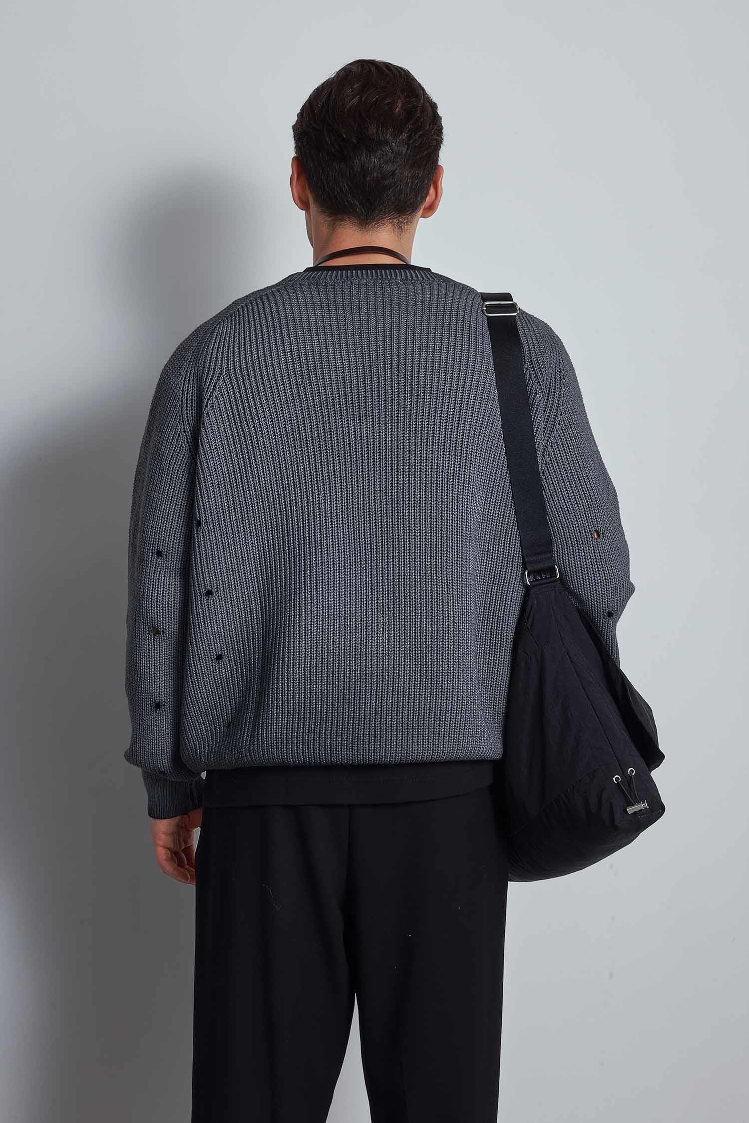 Erkek Oversize Yıkamalı Distressed Triko Kazak Siyah