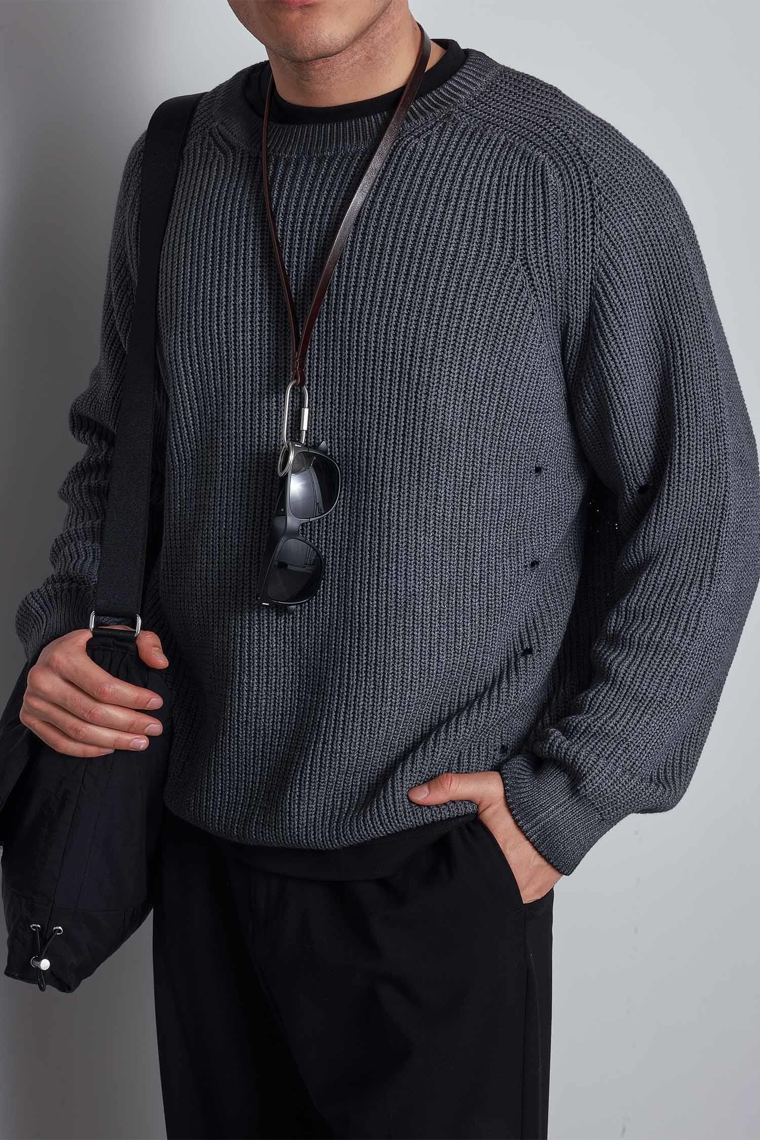 Erkek Oversize Yıkamalı Distressed Triko Kazak Siyah