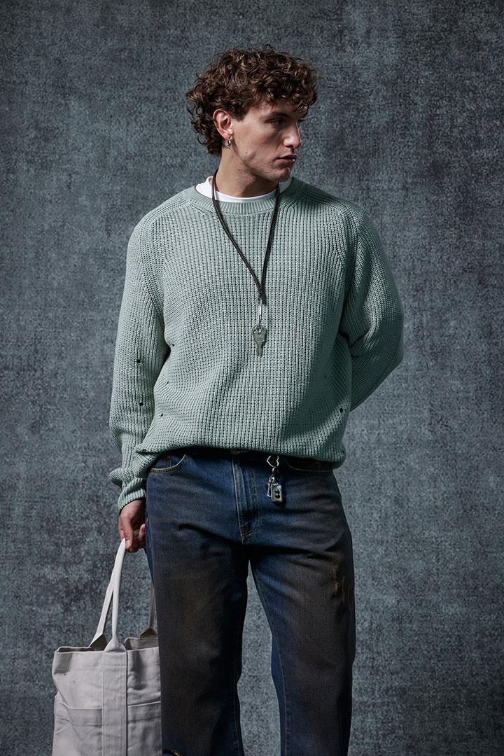 Erkek Oversize Yıkamalı Distressed Triko Kazak Mint