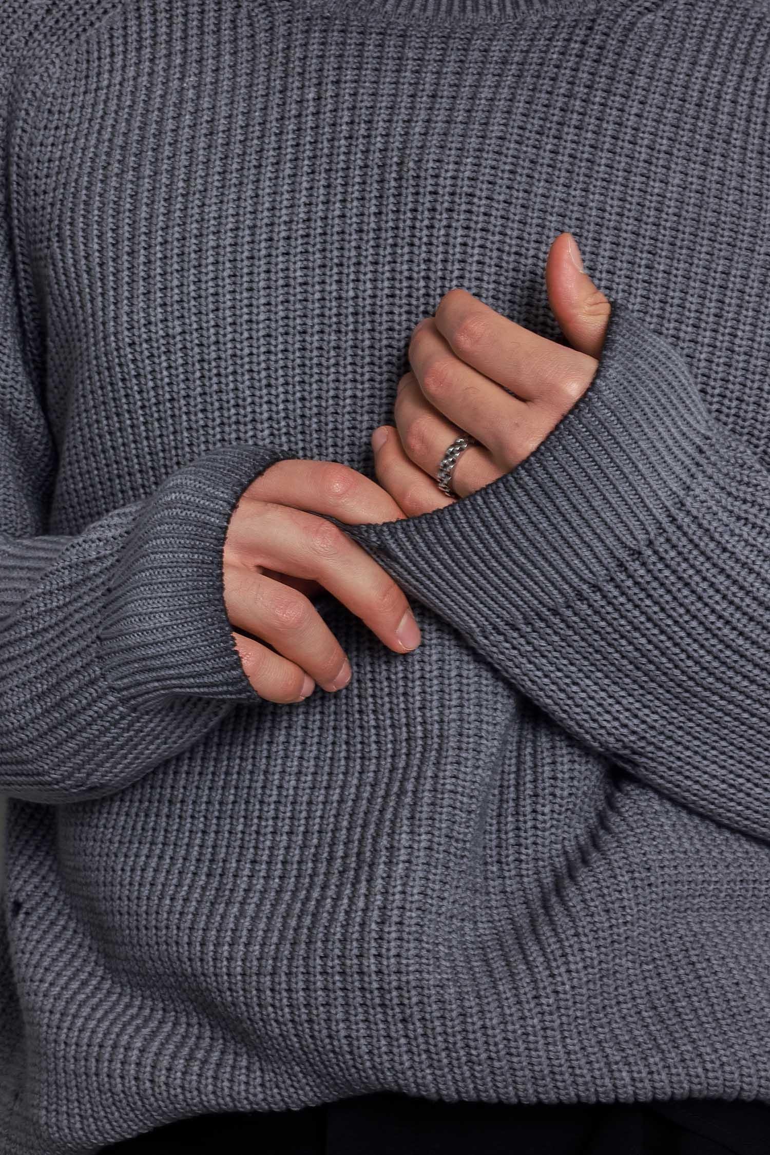 Erkek Oversize Yıkamalı Distressed Triko Kazak Gri