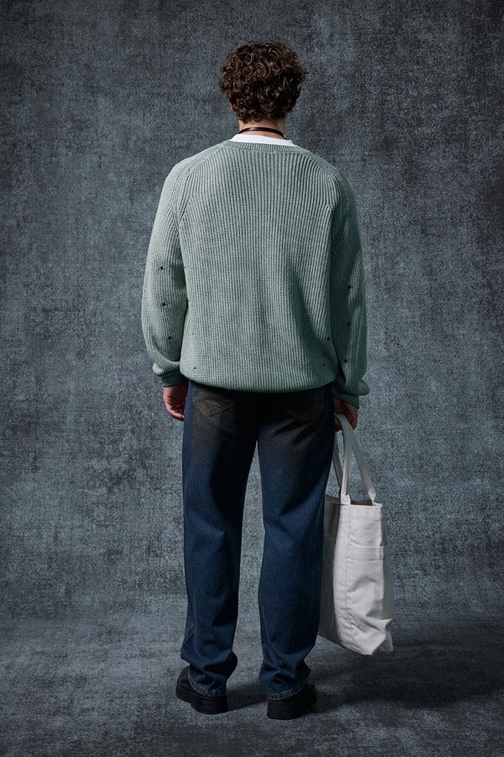 Erkek Oversize Yıkamalı Distressed Triko Kazak Mint