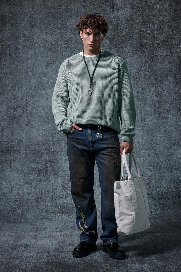 Erkek Oversize Yıkamalı Distressed Triko Kazak Mint