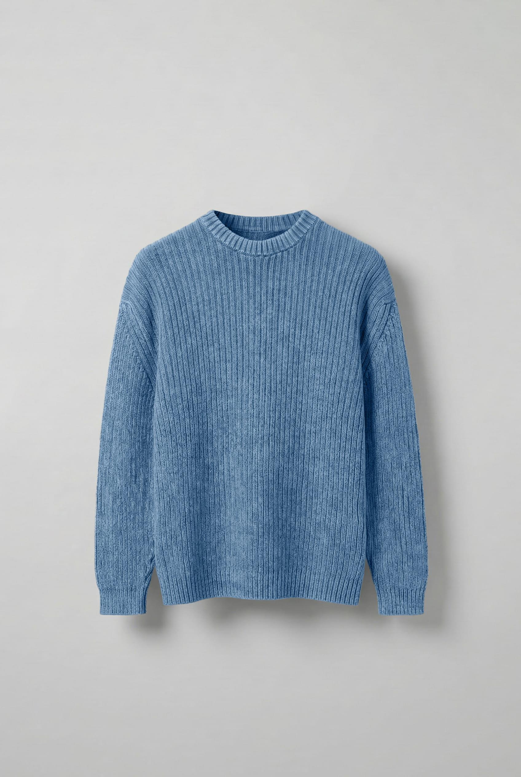 Erkek Oversize Yıkamalı Efektli Basic Kazak Mavi