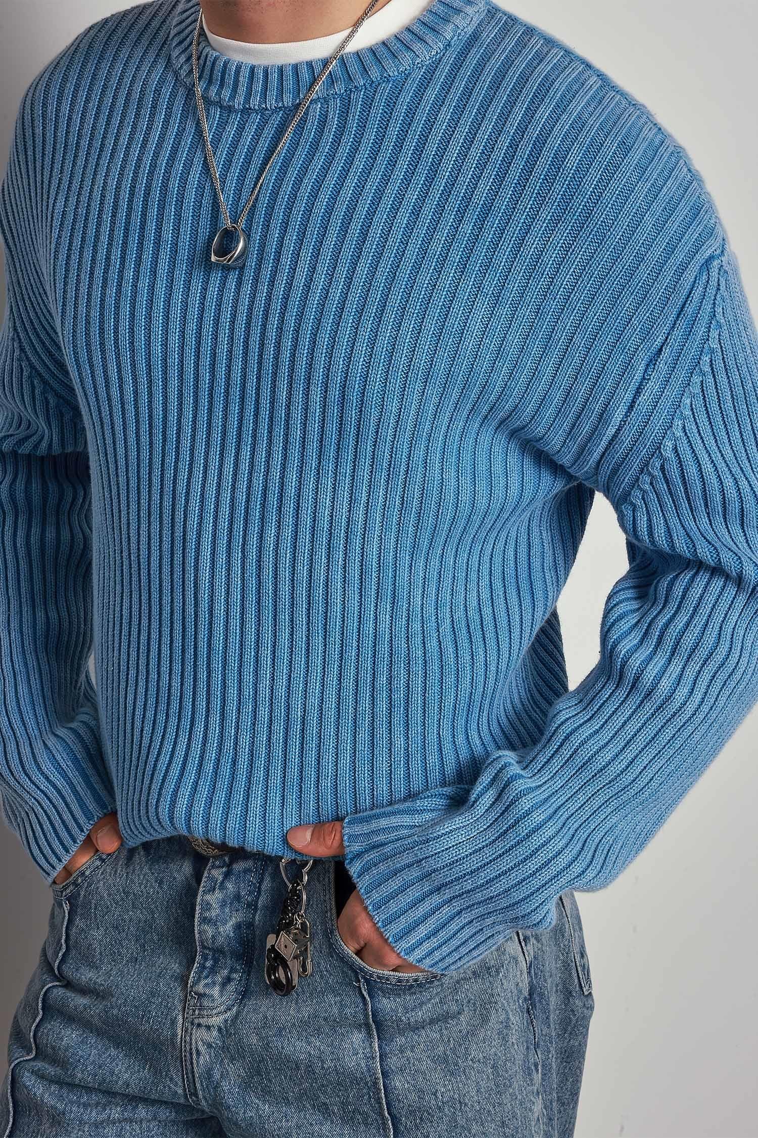 Erkek Oversize Yıkamalı Efektli Basic Kazak Mavi