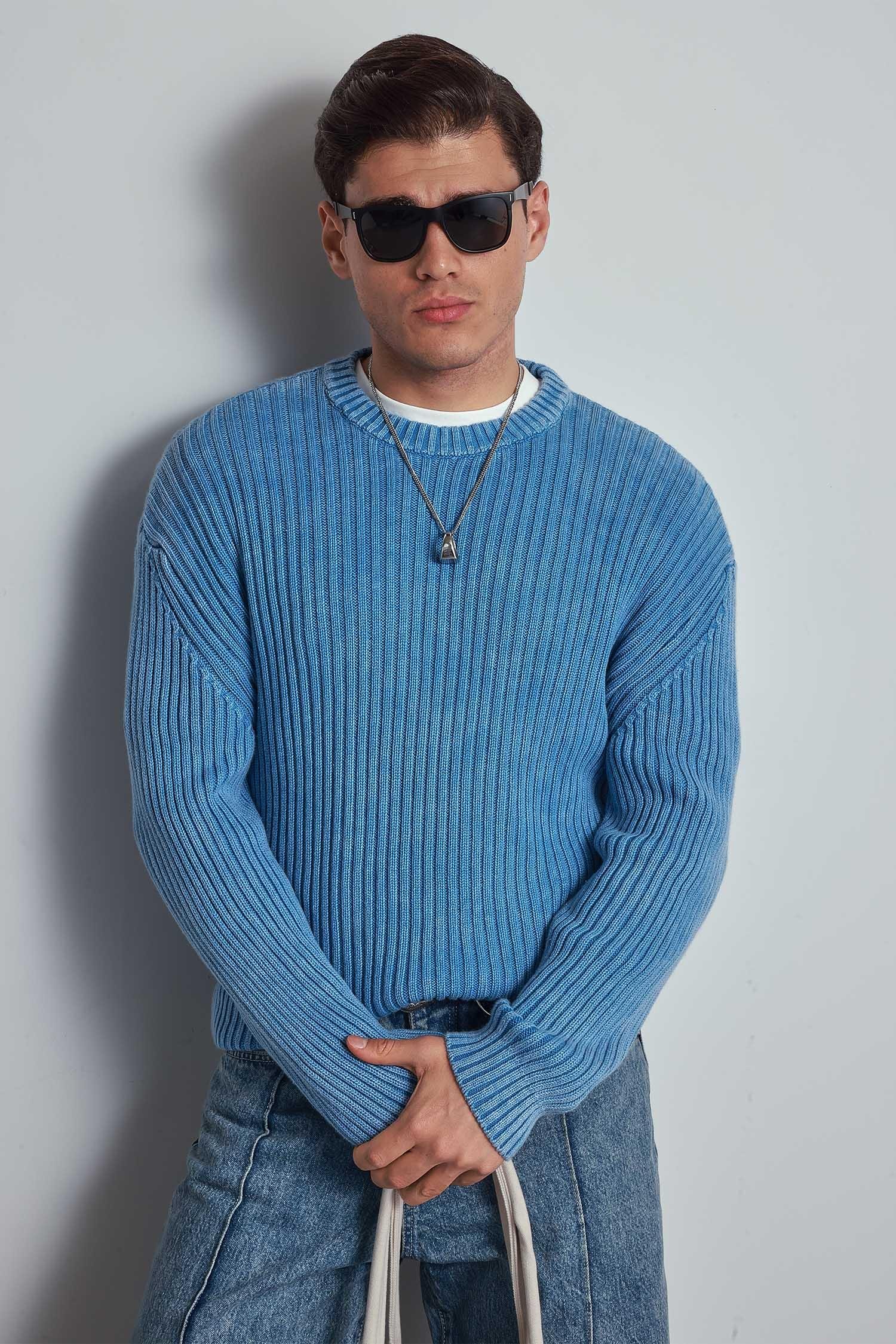 Erkek Oversize Yıkamalı Efektli Basic Kazak Mavi