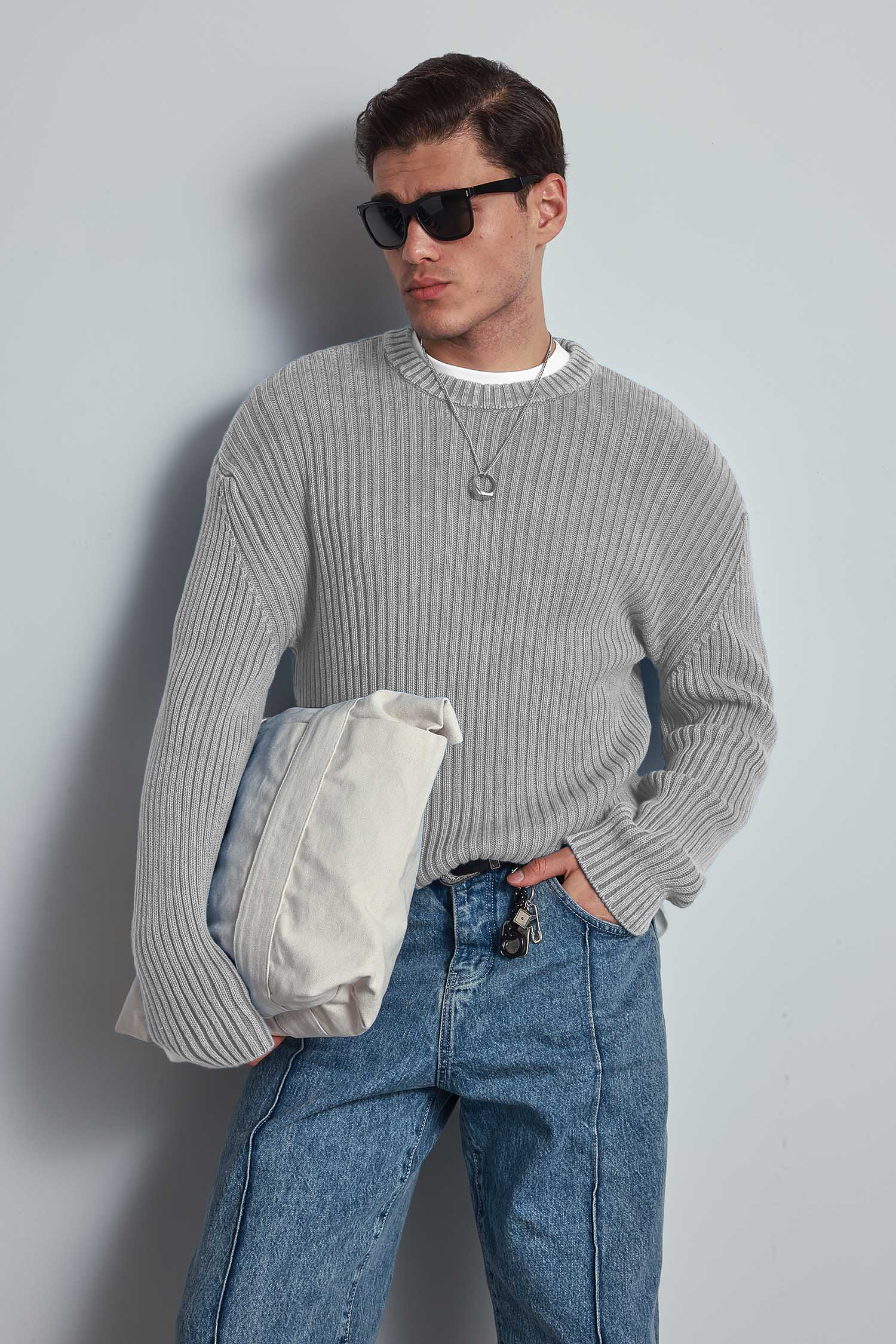 Erkek Oversize Yıkamalı Efektli Basic Kazak Gri