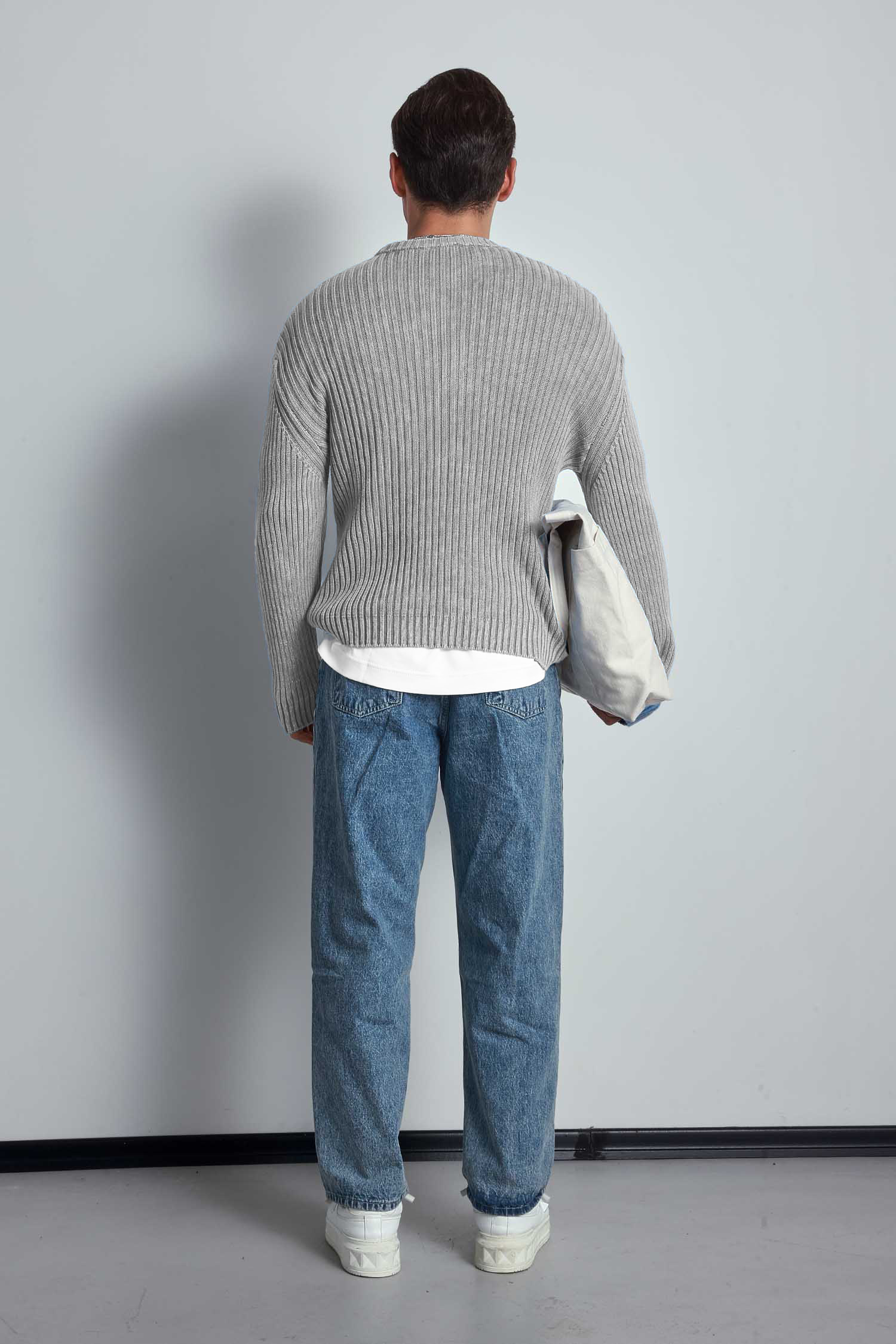 Erkek Oversize Yıkamalı Efektli Basic Kazak Gri