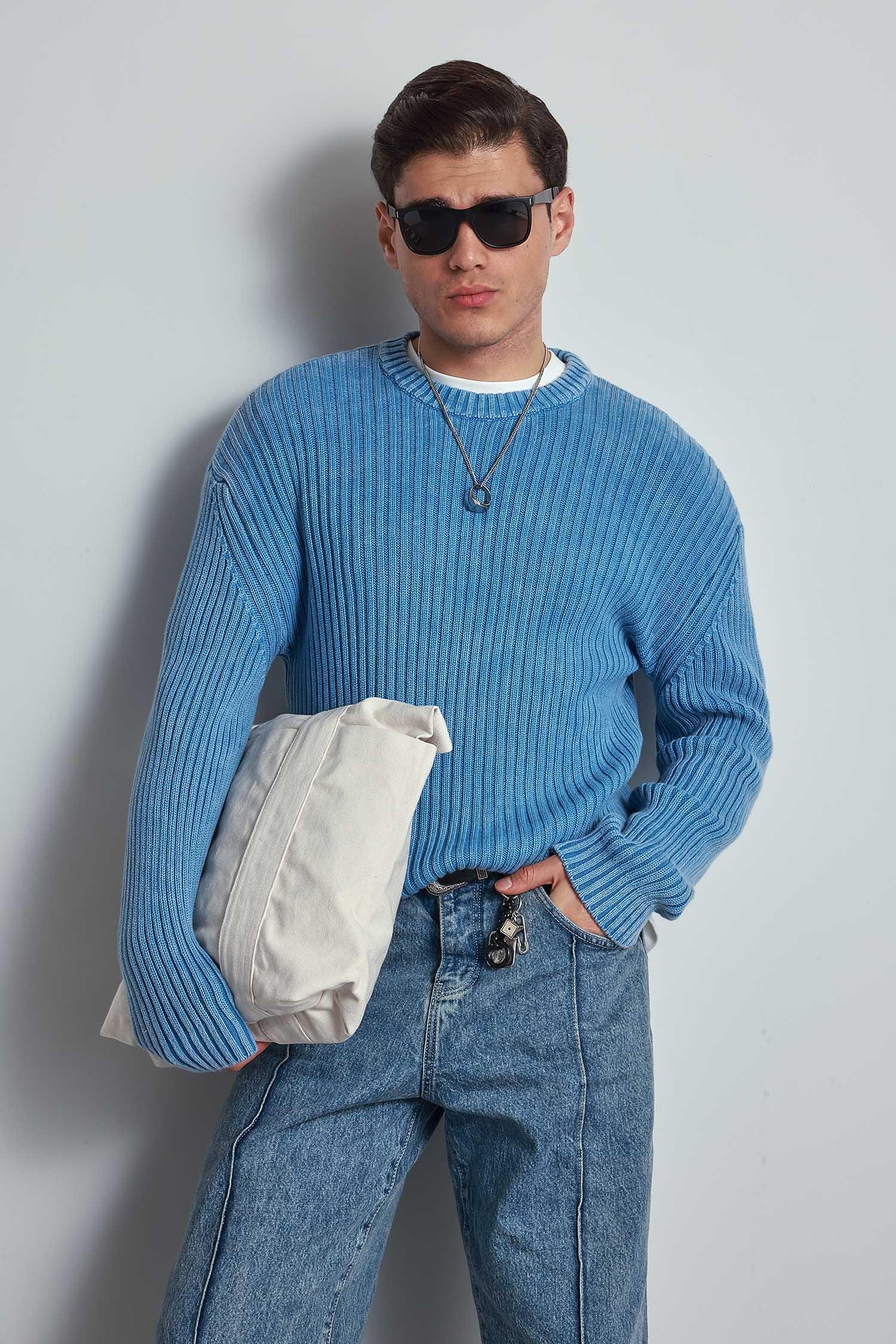 Erkek Oversize Yıkamalı Efektli Basic Kazak Mavi