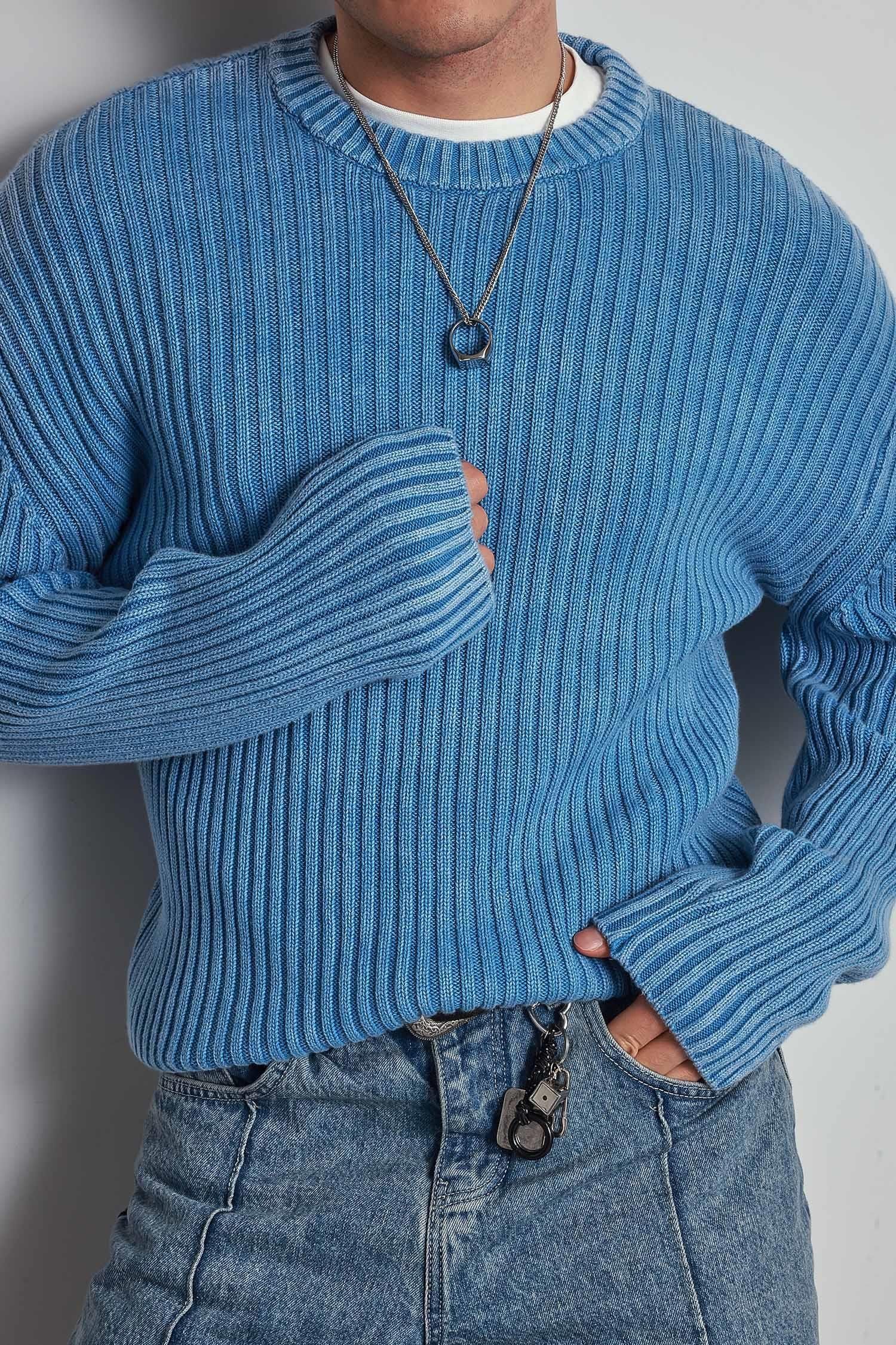 Erkek Oversize Yıkamalı Efektli Basic Kazak Mavi