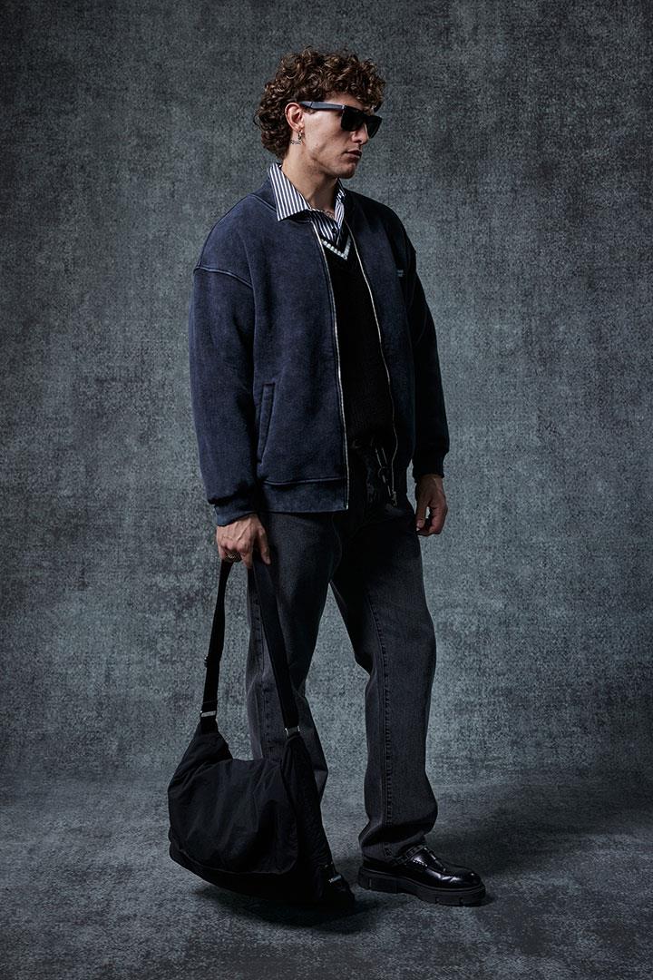 Erkek Oversize Yıkamalı Fermuarlı Sweatshirt Siyah