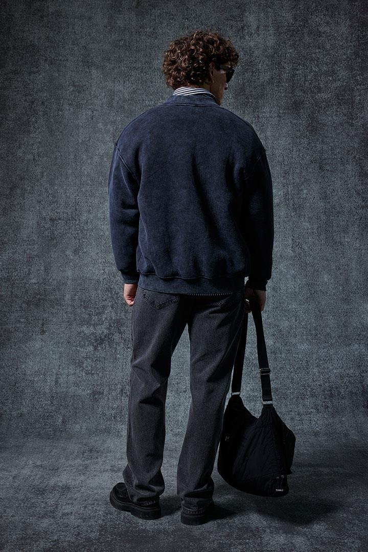 Erkek Oversize Yıkamalı Fermuarlı Sweatshirt Siyah