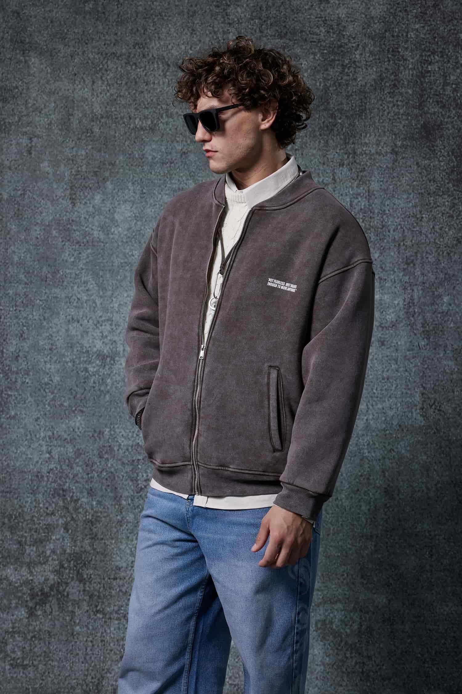 Erkek Oversize Yıkamalı Fermuarlı Sweatshirt Kahverengi