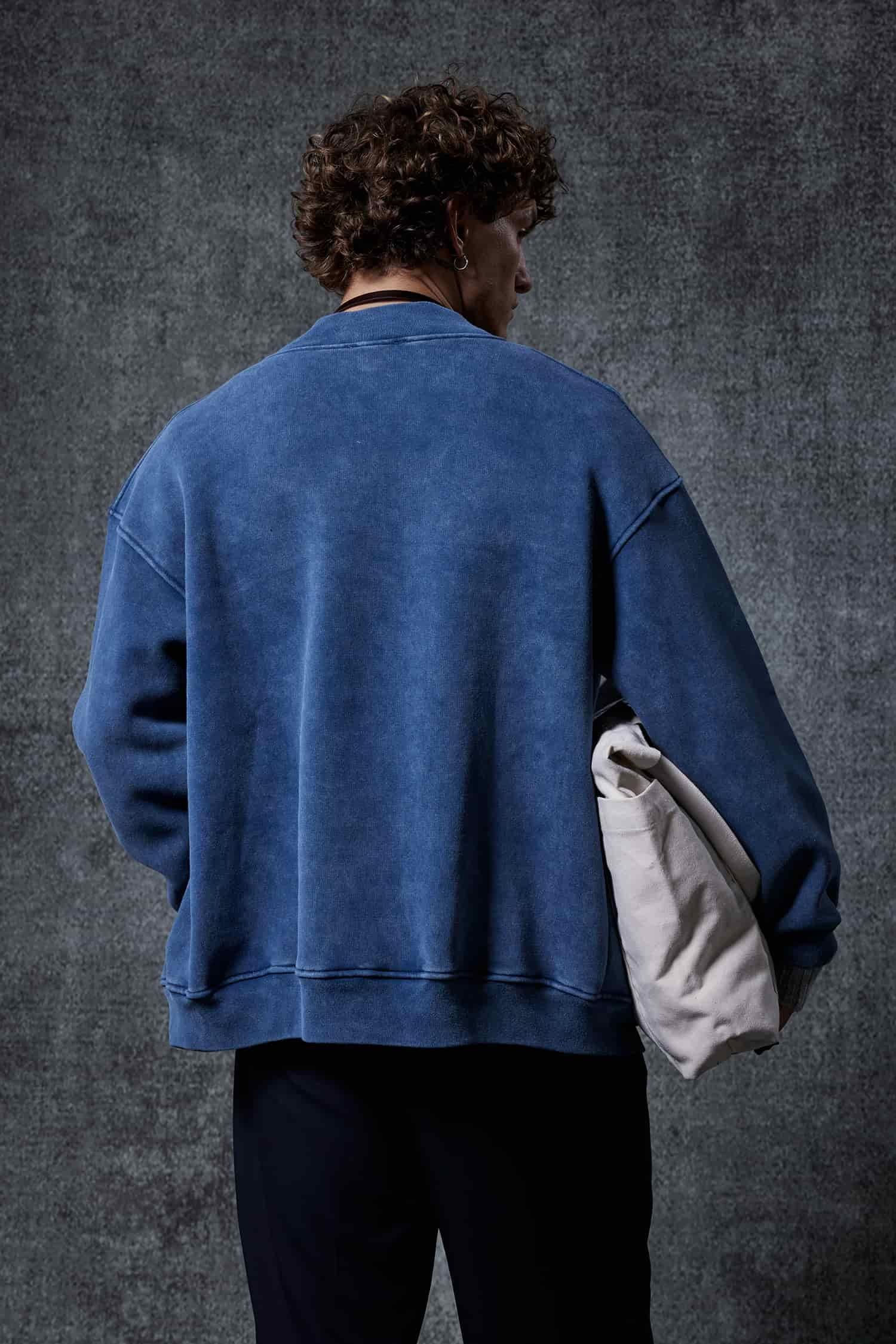 Erkek Oversize Yıkamalı Fermuarlı Sweatshirt Lacivert