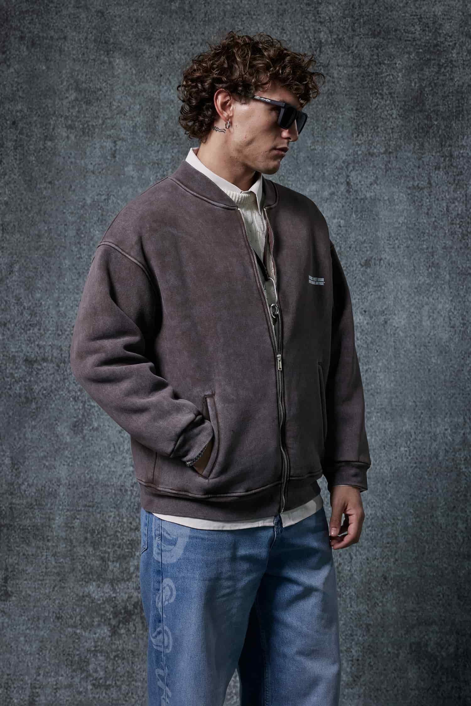 Erkek Oversize Yıkamalı Fermuarlı Sweatshirt Kahverengi