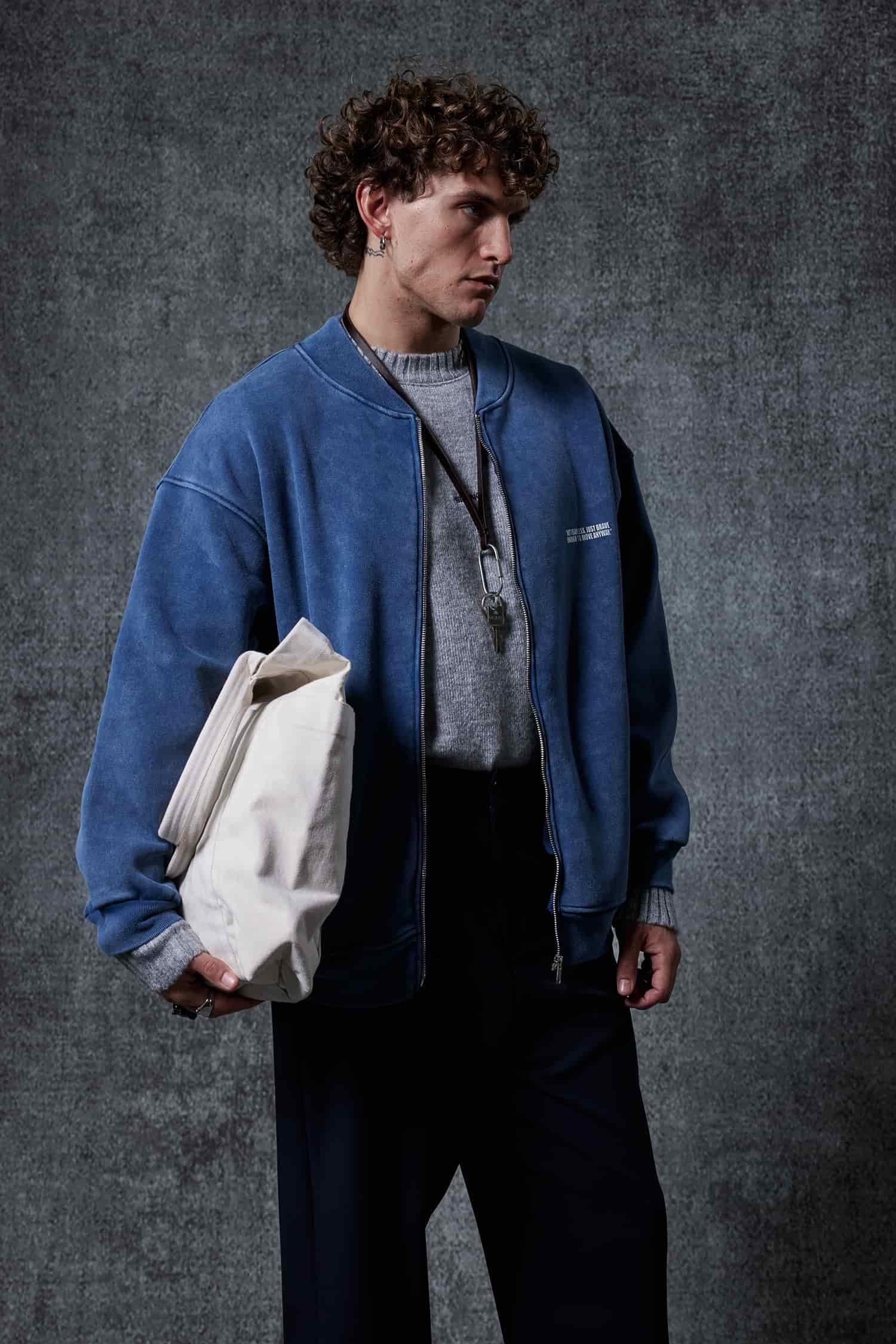 Erkek Oversize Yıkamalı Fermuarlı Sweatshirt Lacivert