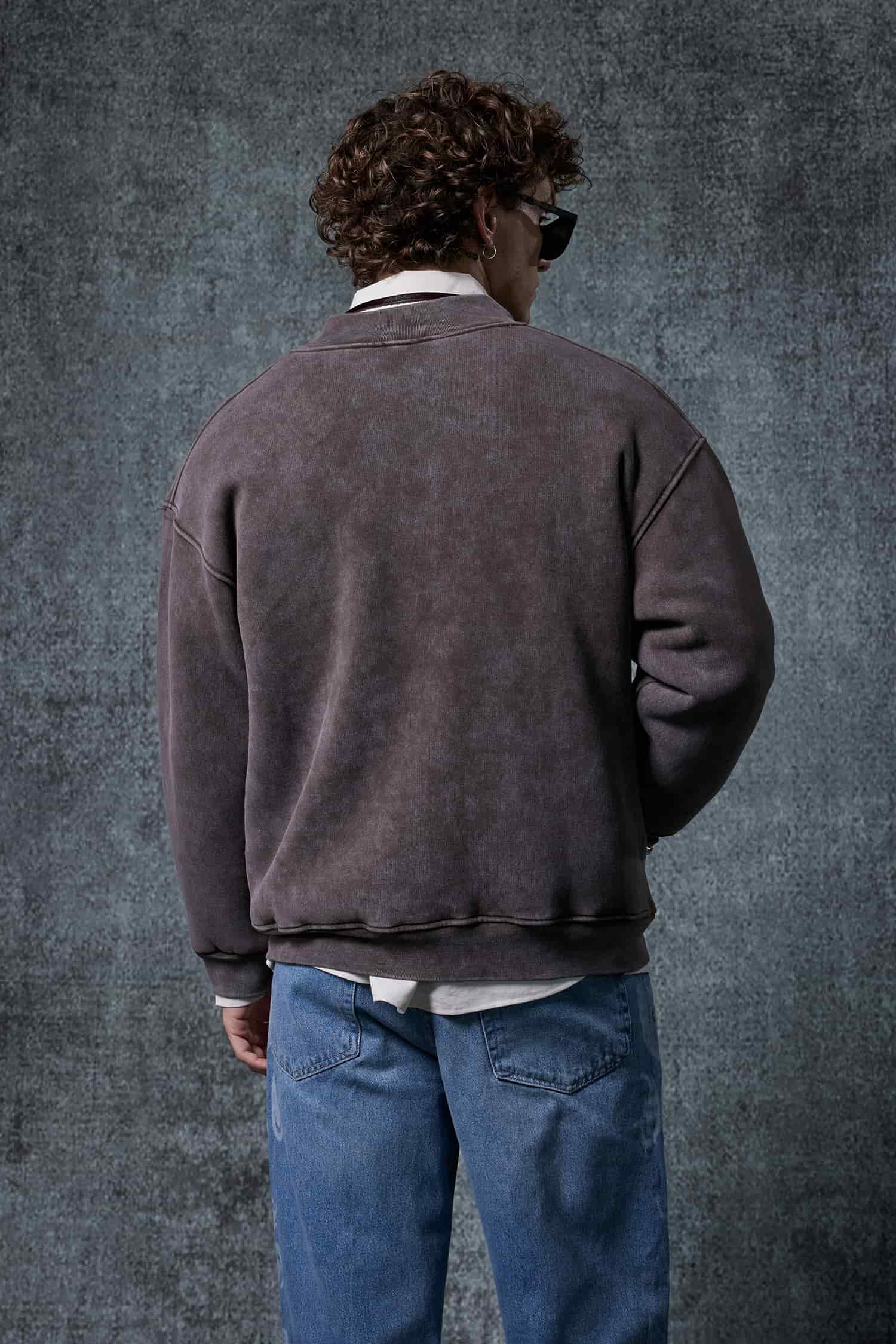 Erkek Oversize Yıkamalı Fermuarlı Sweatshirt Kahverengi