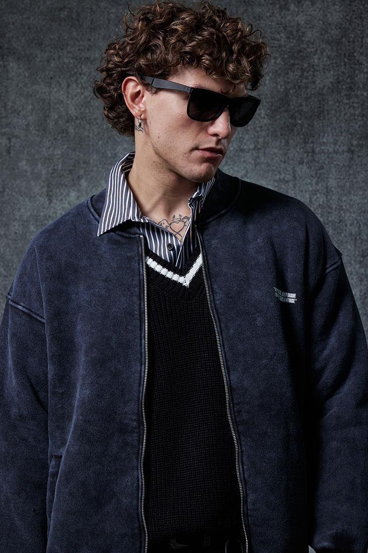 Erkek Oversize Yıkamalı Fermuarlı Sweatshirt Siyah