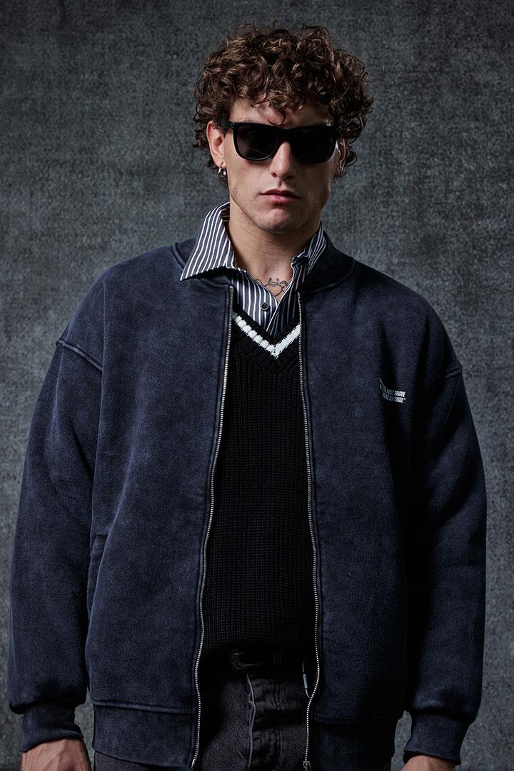 Erkek Oversize Yıkamalı Fermuarlı Sweatshirt Siyah