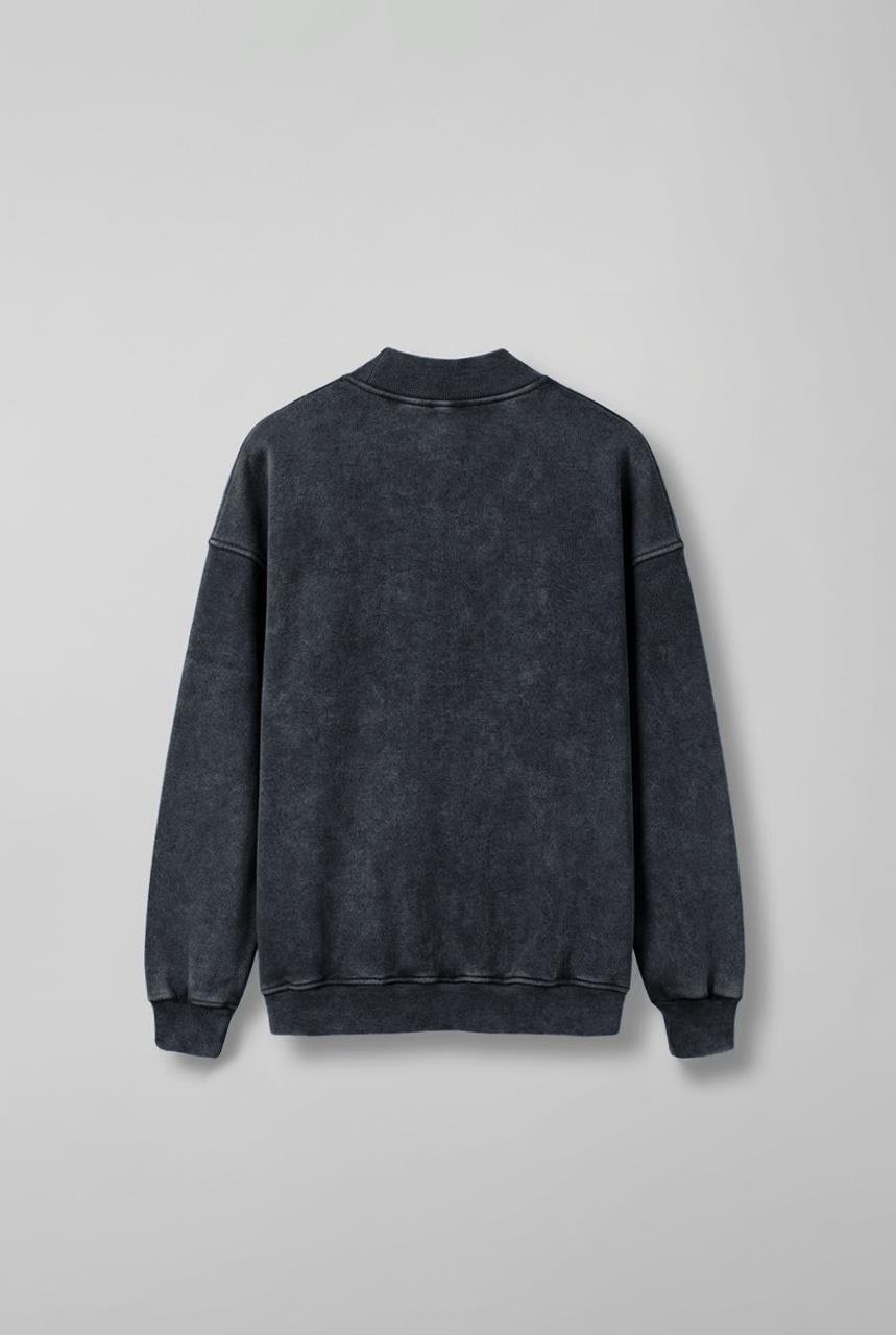 Erkek Oversize Yıkamalı Fermuarlı Sweatshirt Siyah