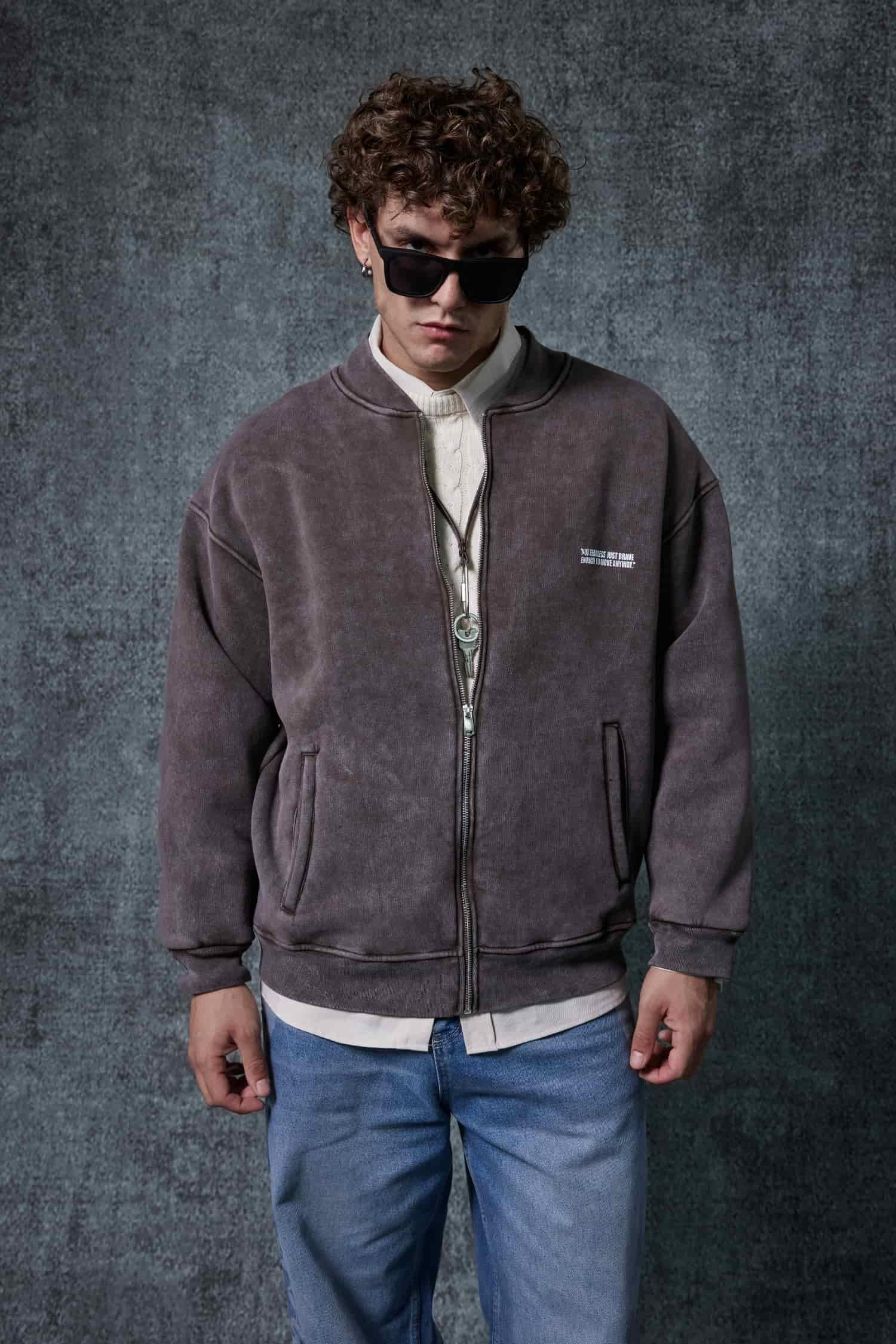 Erkek Oversize Yıkamalı Fermuarlı Sweatshirt Kahverengi