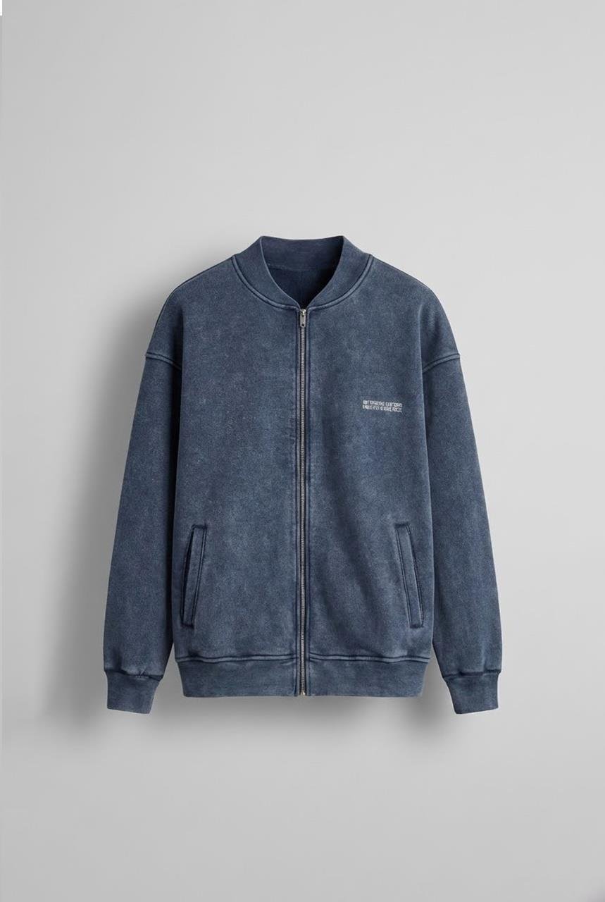 Erkek Oversize Yıkamalı Fermuarlı Sweatshirt Lacivert