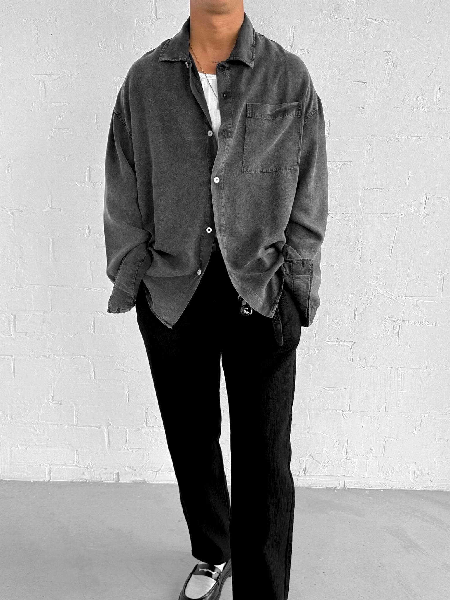 Erkek Oversize Yıkamalı Hafif ve Nefes Alabilen Gömlek Siyah