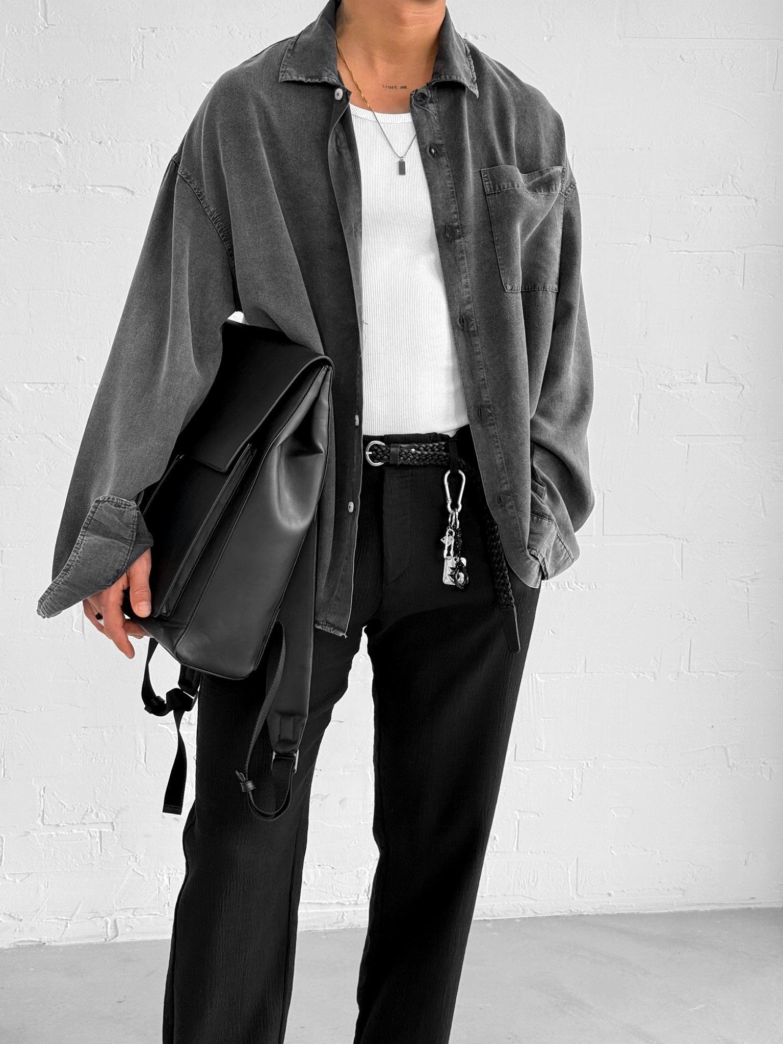 Erkek Oversize Yıkamalı Hafif ve Nefes Alabilen Gömlek Siyah