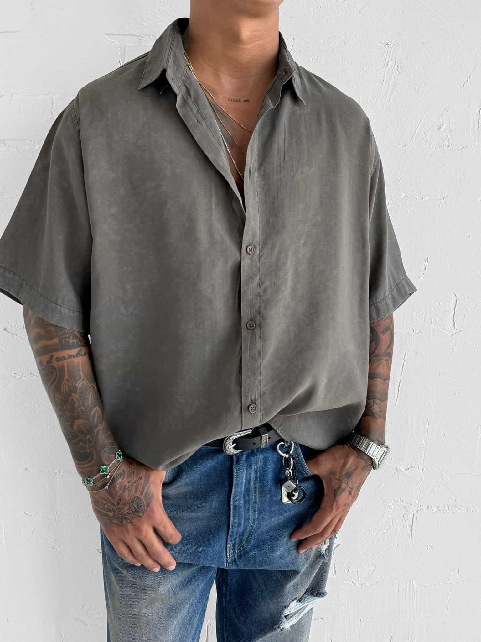 Erkek Oversize Yıkamalı Kısa Kollu Gömlek Haki Yeşil