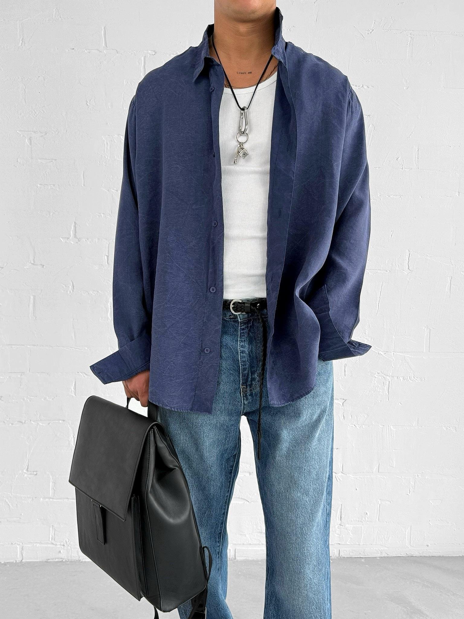 Erkek Oversize Yıkamalı Rahat Gömlek Lacivert