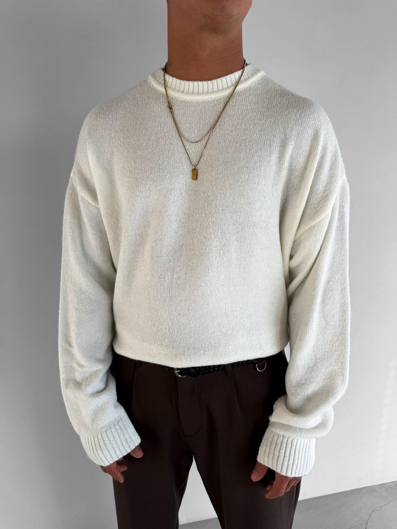 Erkek Oversize Yumuşak Dokulu Kazak Ekru