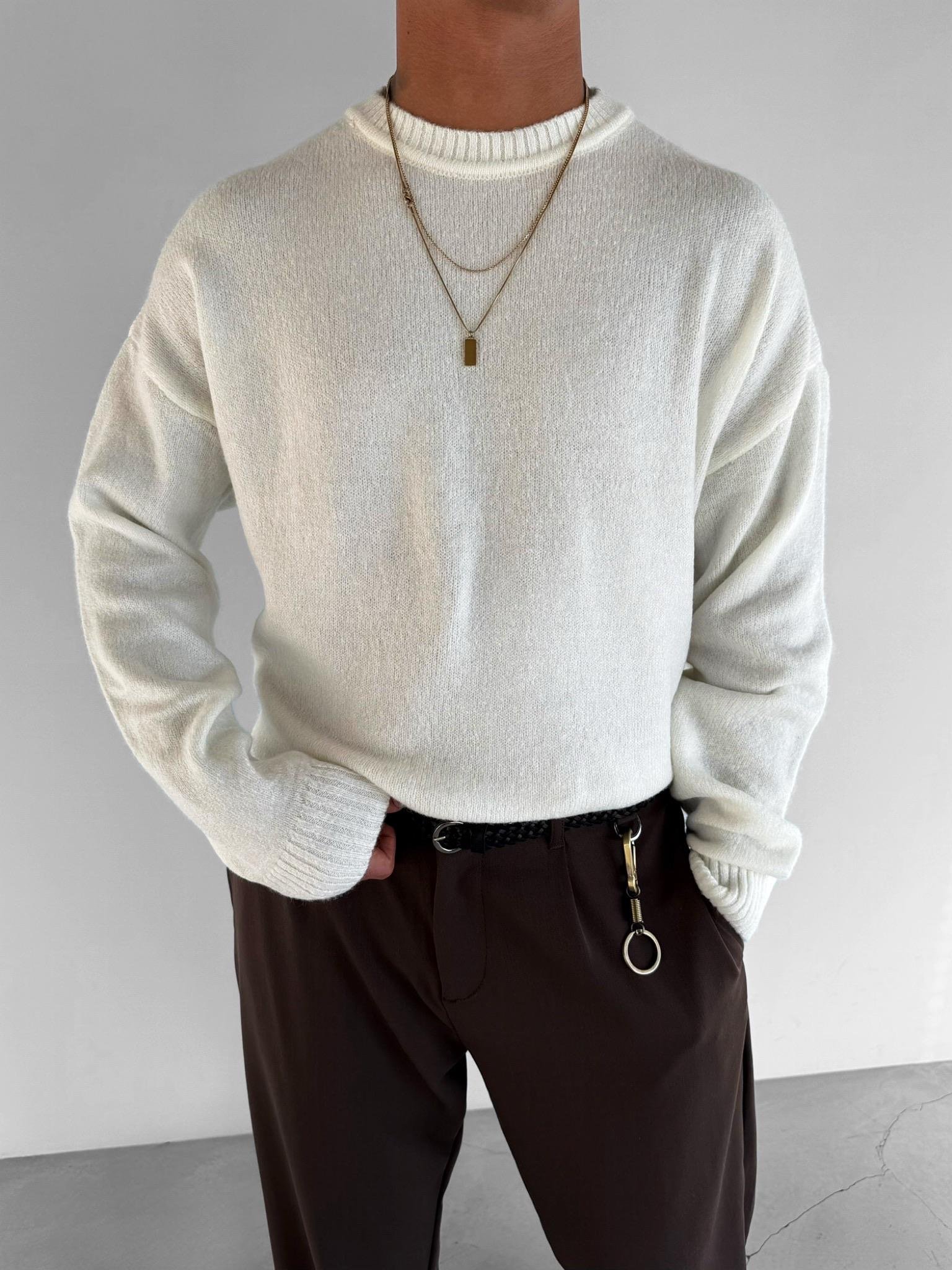 Erkek Oversize Yumuşak Dokulu Kazak Ekru