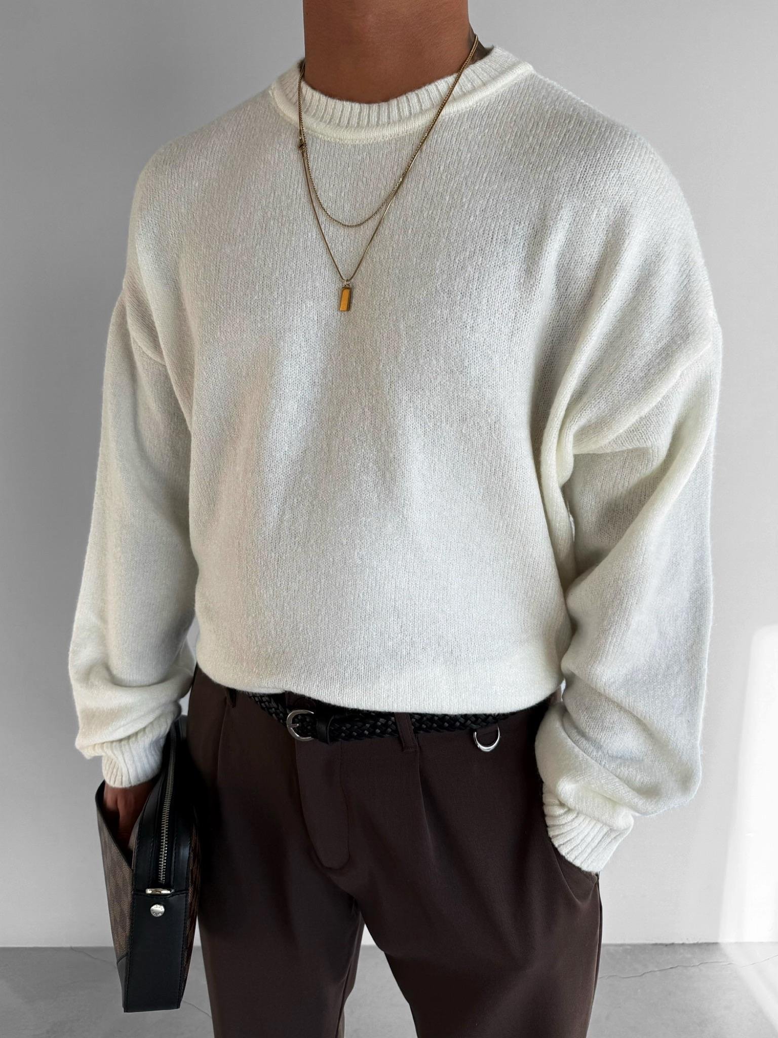 Erkek Oversize Yumuşak Dokulu Kazak Ekru