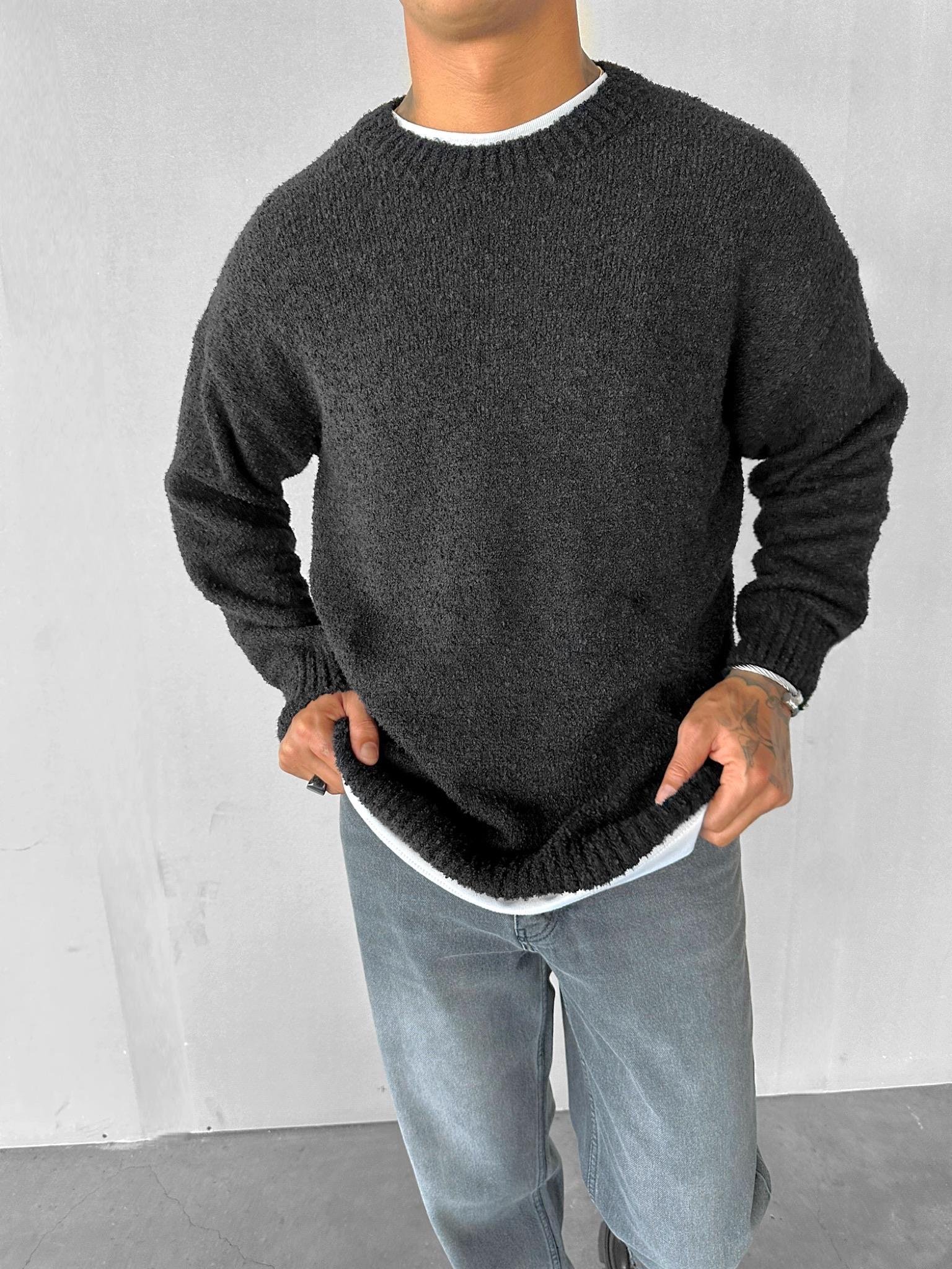 Erkek Oversize Yumuşak Dokulu Kazak Siyah