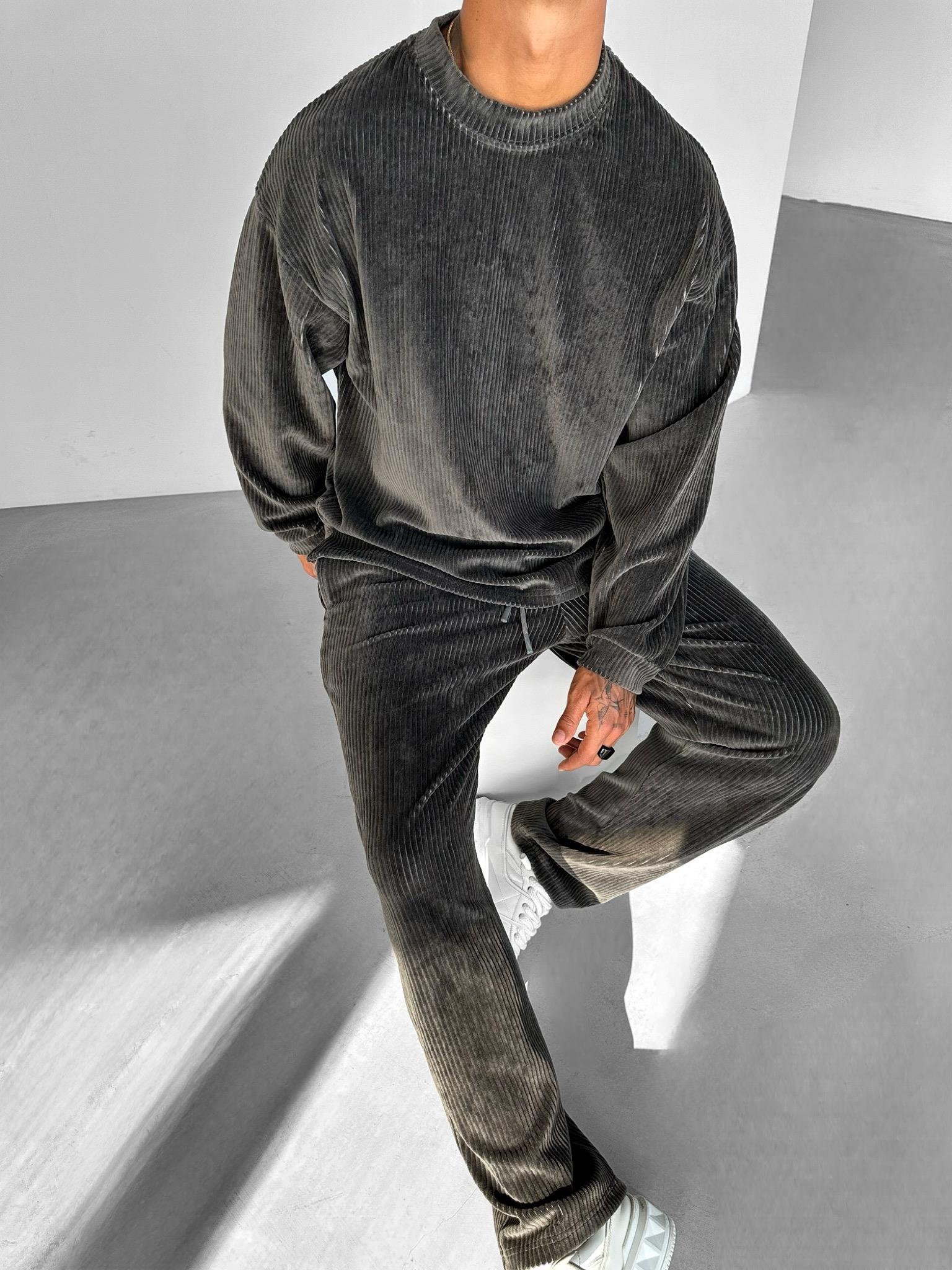 Erkek Oversize Yuvarlak Yaka Fitilli Kadife Sweatshirt Füme