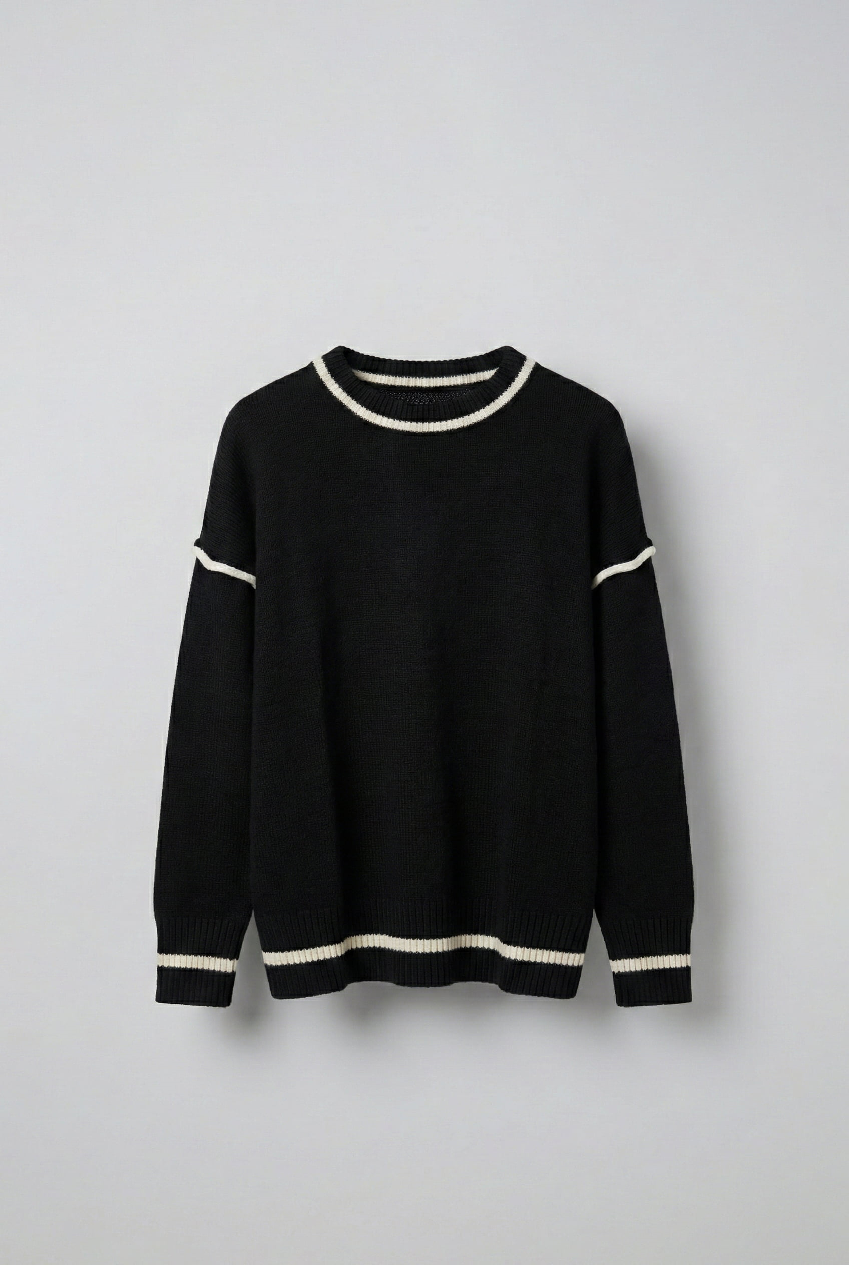 Erkek Oversize Yuvarlak Yaka Kontrast Detaylı Kazak Siyah