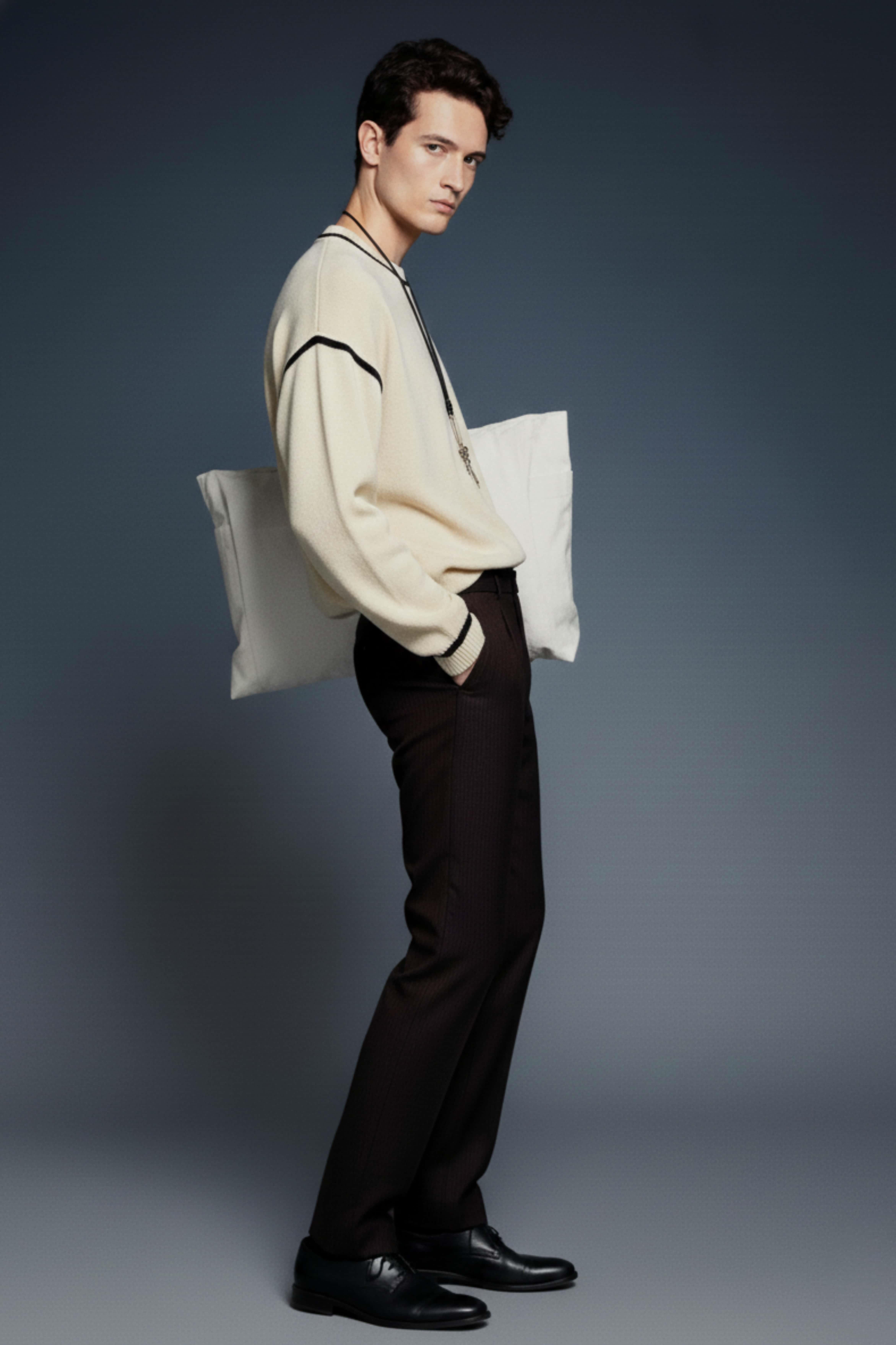 Erkek Oversize Yuvarlak Yaka Kontrast Detaylı Kazak Bej