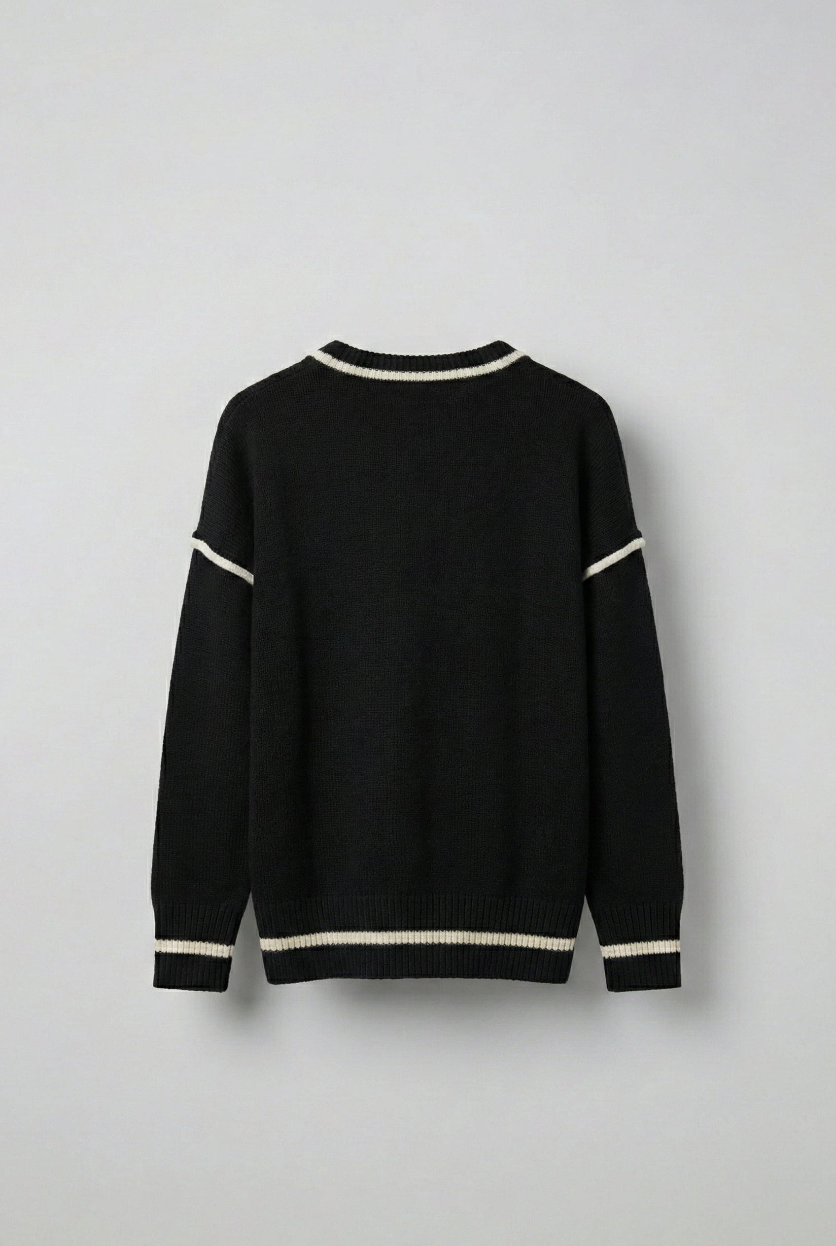 Erkek Oversize Yuvarlak Yaka Kontrast Detaylı Kazak Siyah