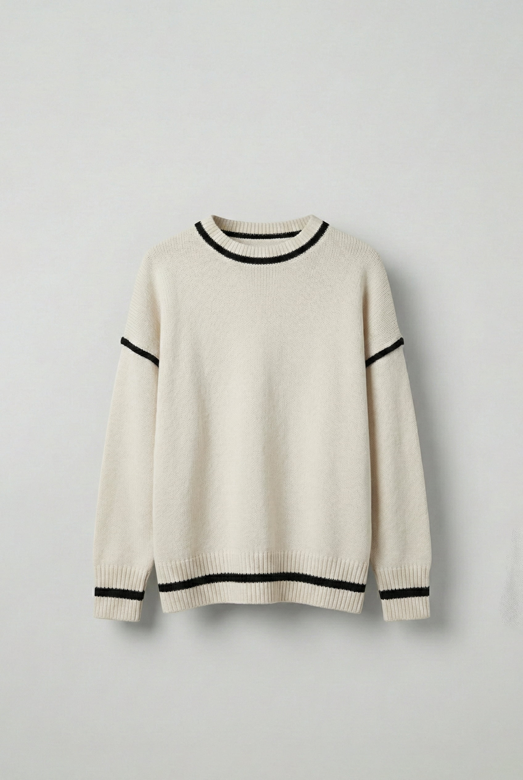 Erkek Oversize Yuvarlak Yaka Kontrast Detaylı Kazak Bej