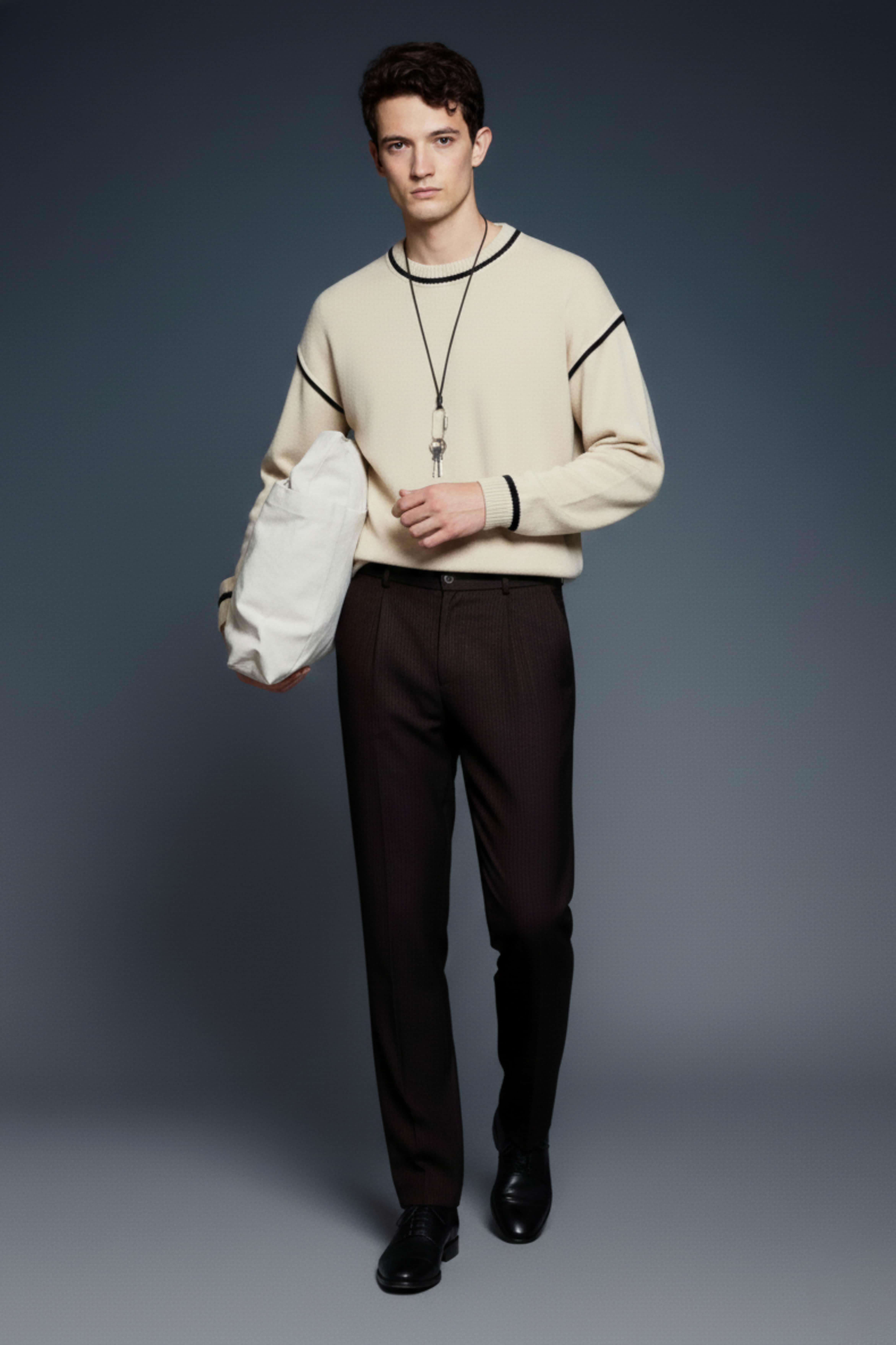 Erkek Oversize Yuvarlak Yaka Kontrast Detaylı Kazak Bej