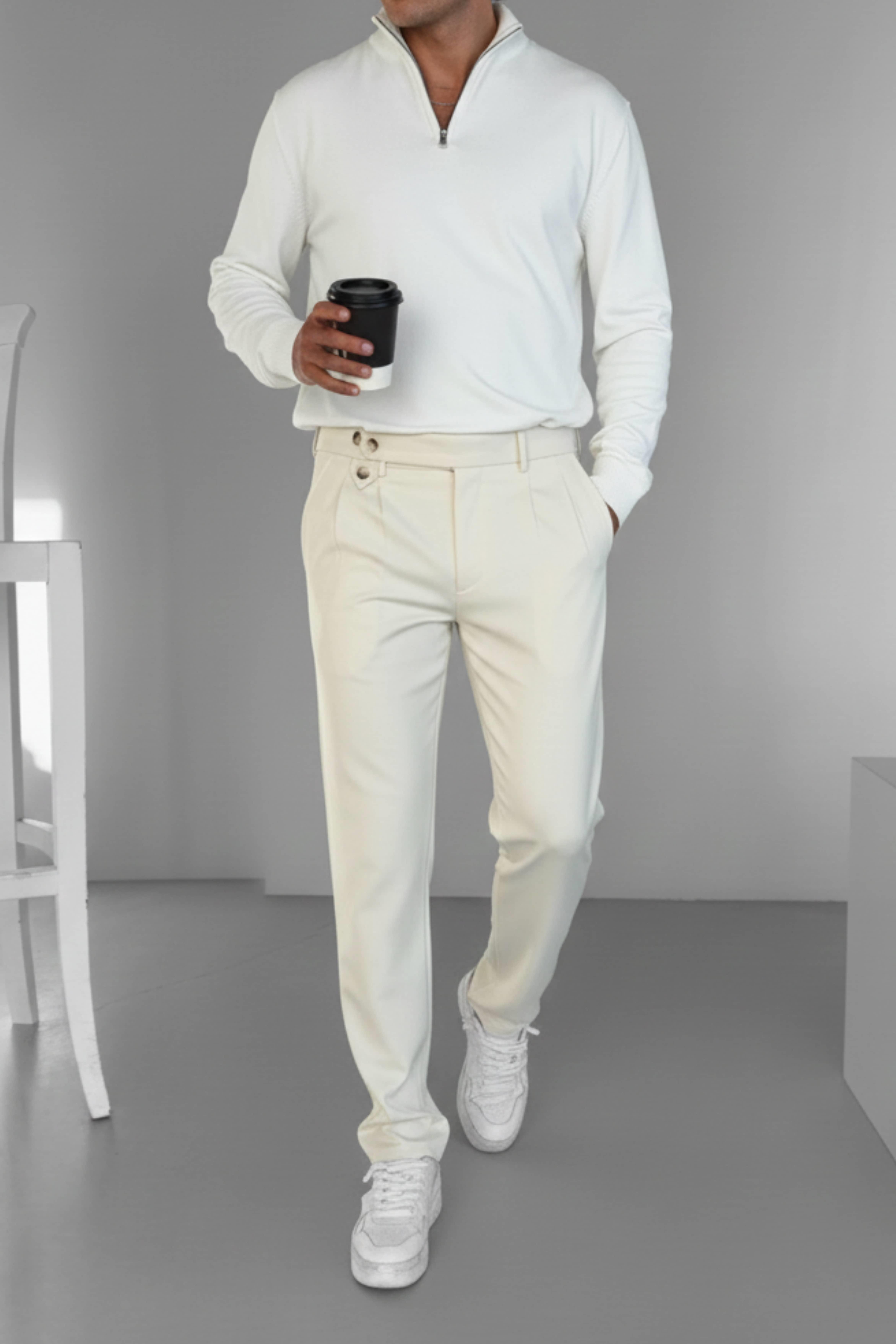 Erkek Pileli Kumaş Pantolon Açık Krem