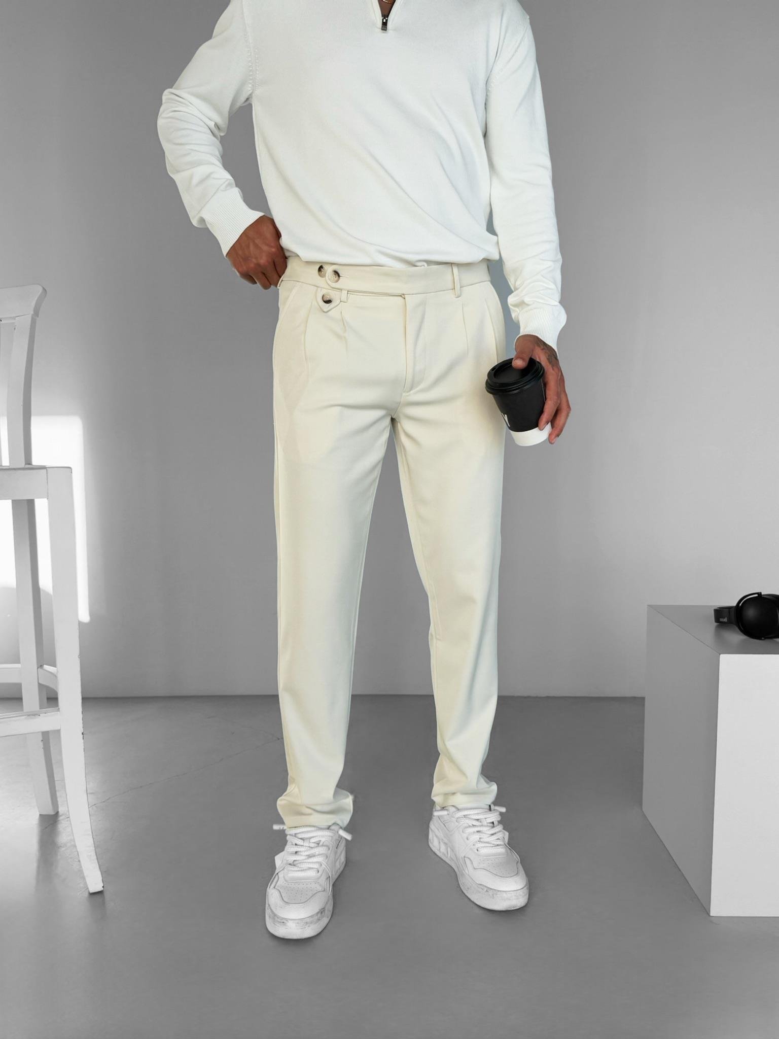 Erkek Pileli Kumaş Pantolon Açık Krem