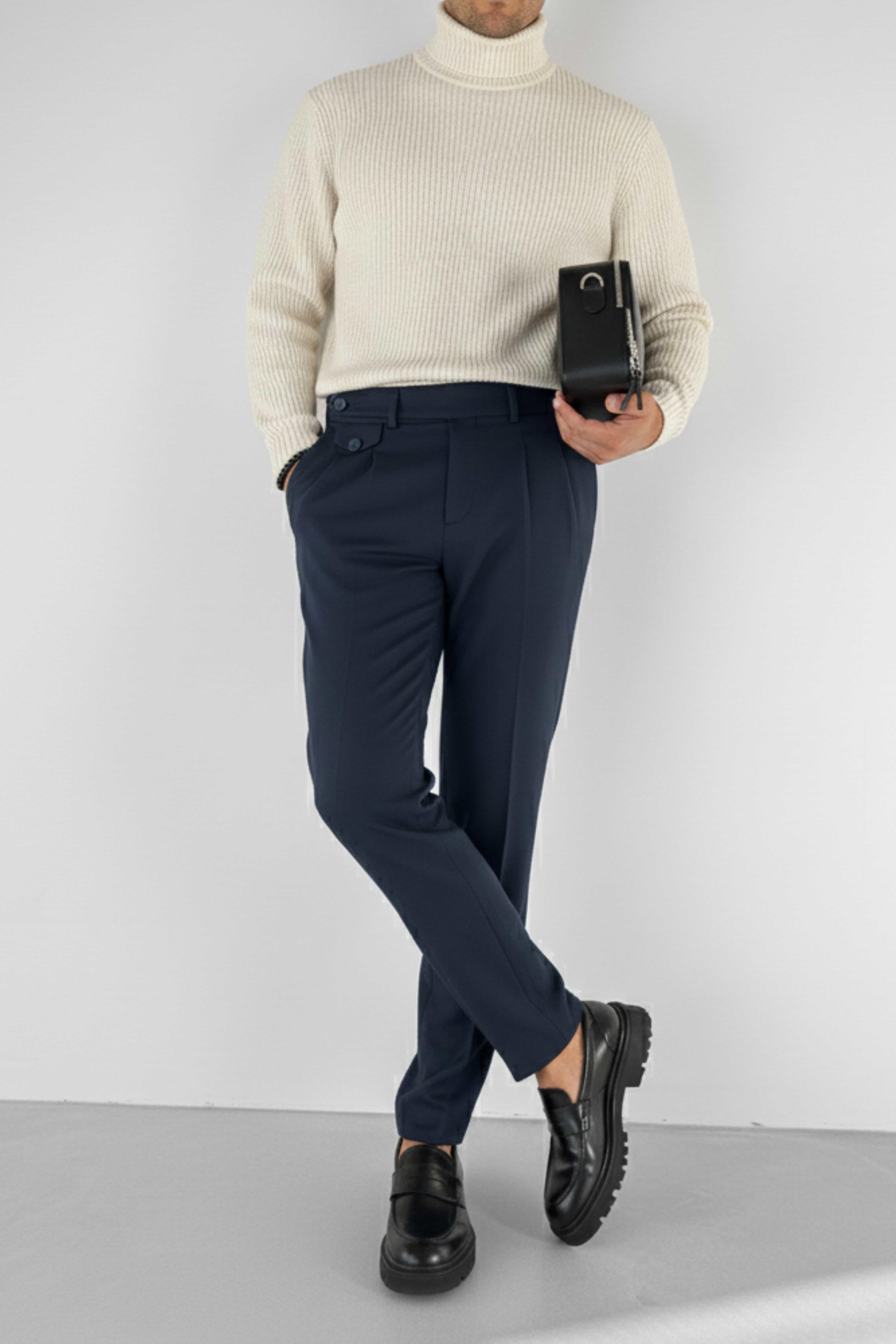 Erkek Pileli Kumaş Pantolon Lacivert