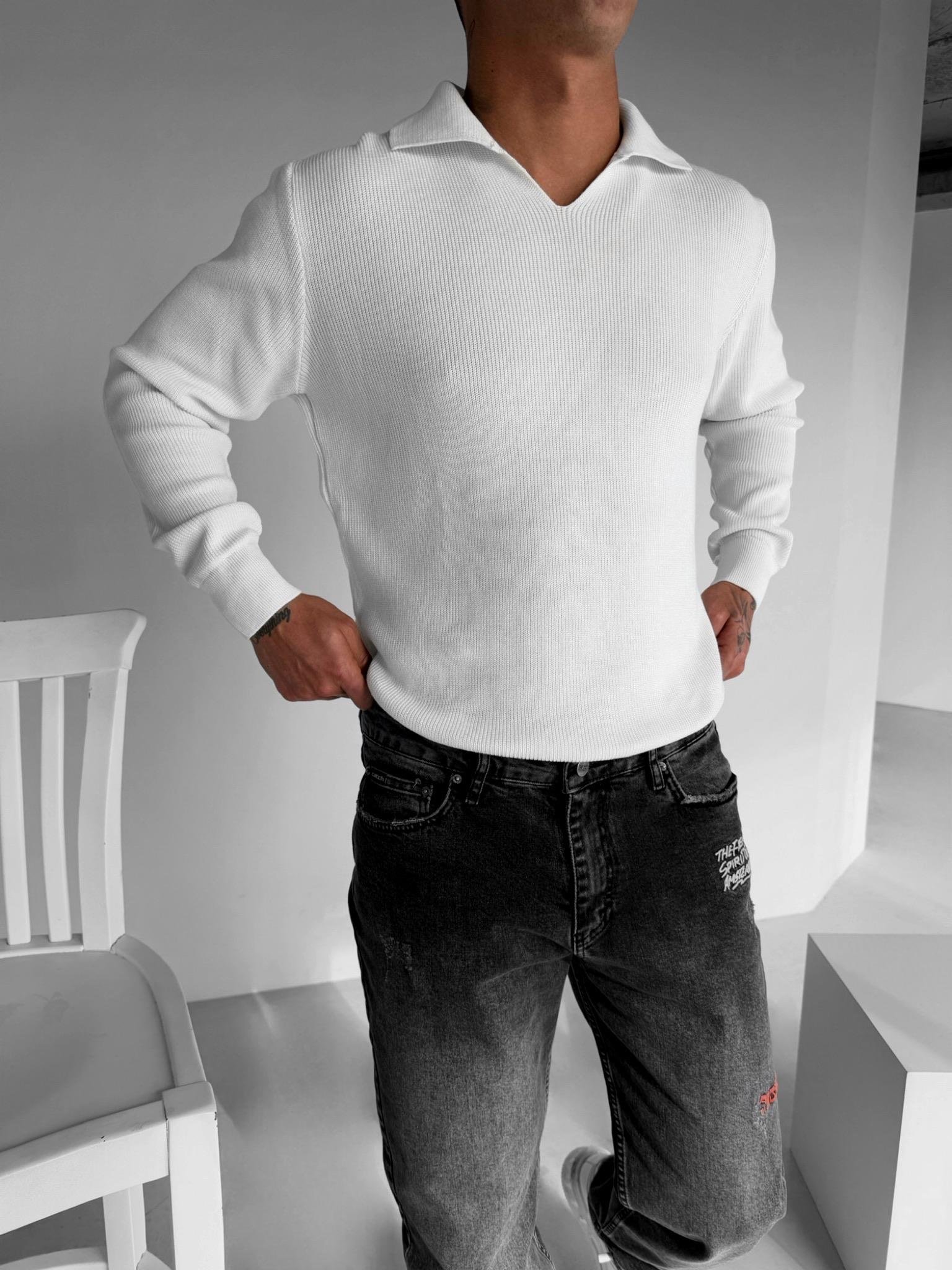 Erkek Polo V Yaka Slim Fit Basic Kazak Ekru